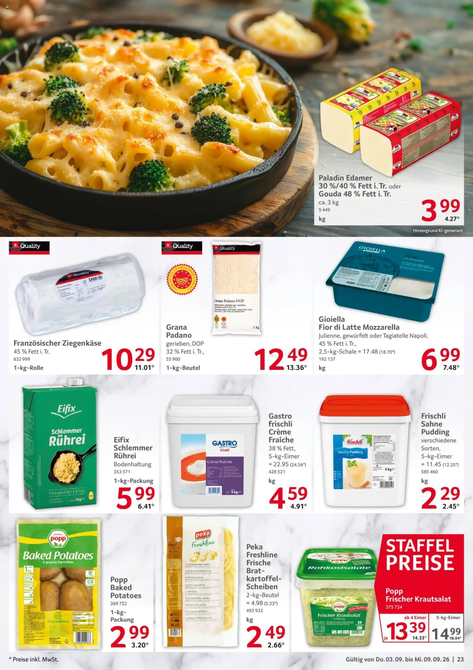 Selgros Prospekt – gültig ab 03.09.2026 | Seite: 23 | Produkte: Ziegenkäse, Creme, Edamer, Kartoffeln