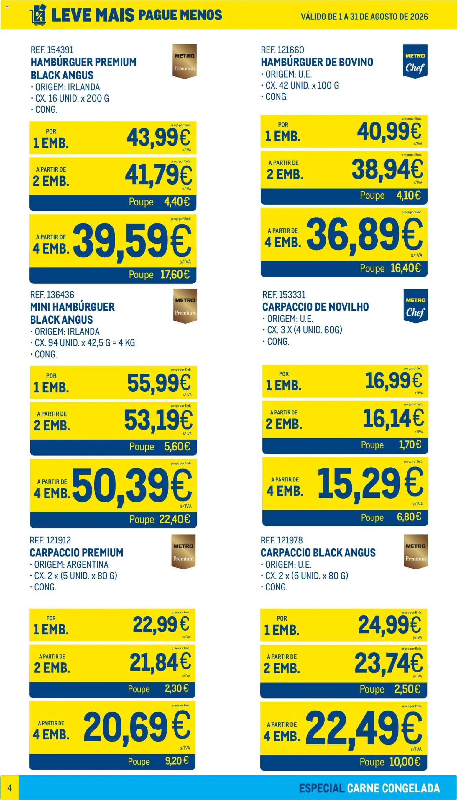 Makro Leve Mais Pague Menos - Carne Congelada │ válido de 01/08/2026 | Página: 4 | Produtos: Hambúrguer, Carpaccio de novilho, Carne