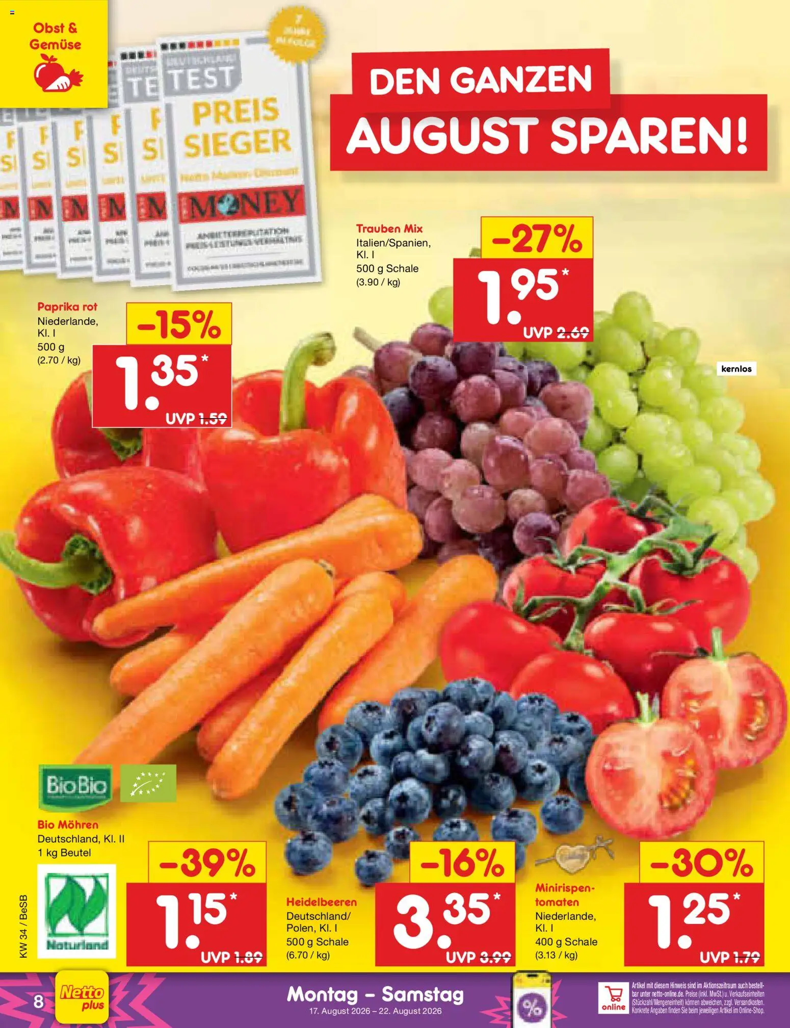 Netto Marken-Discount Prospekt – gültig ab 17.08.2026 | Seite: 10 | Produkte: Trauben, Tomaten, Mohren, Gemüse