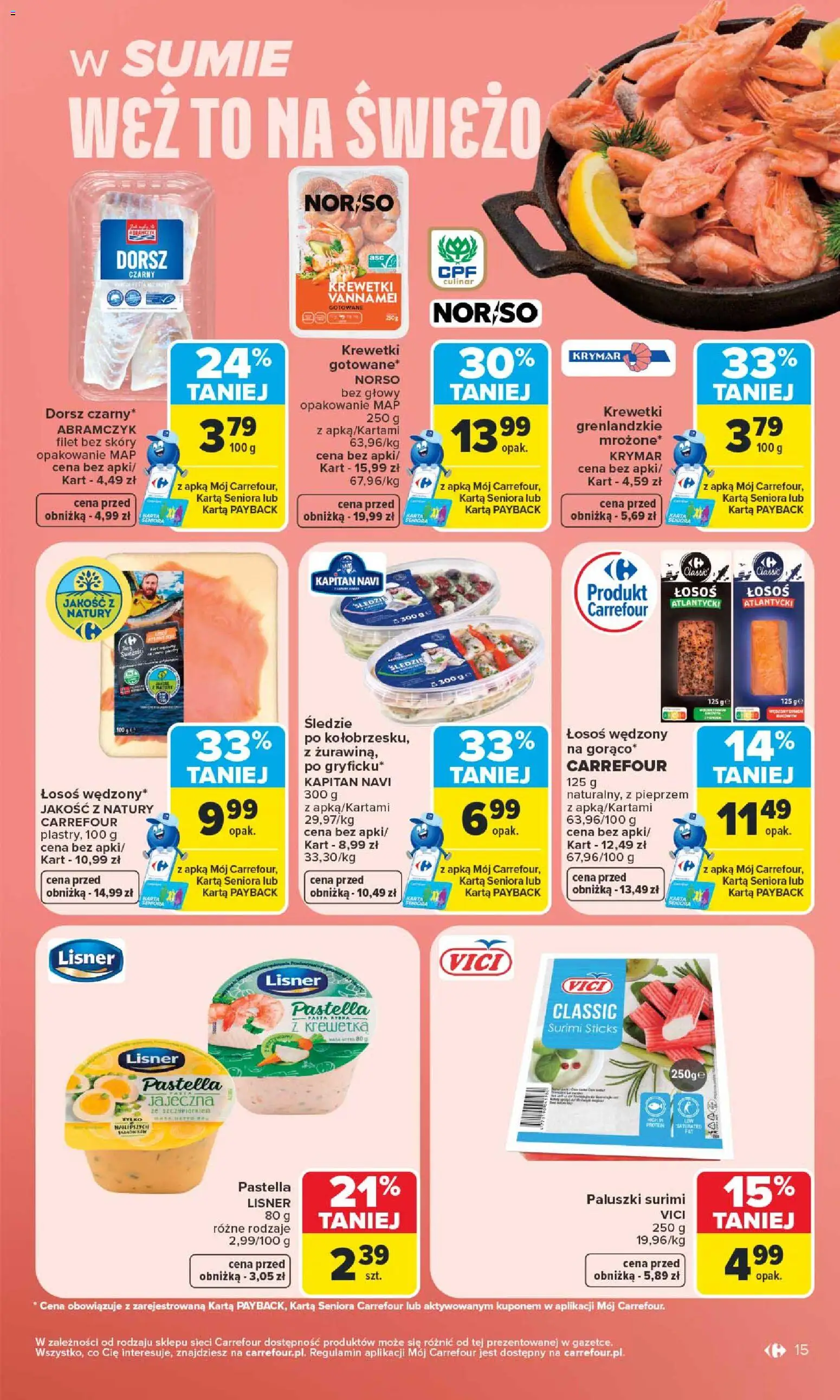 Carrefour gazetka - Warszawa od 24.08.2026 | Strona: 15 | Produkty: Łosoś atlantycki, Surimi, Łosoś, Filet