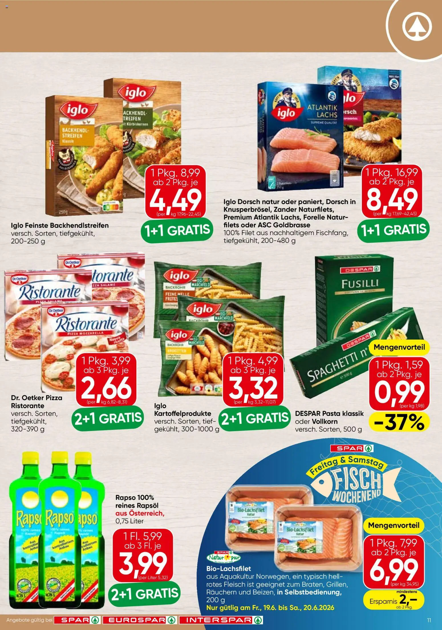 Spar Flugblatt - Salzburg gültig ab 18.06.2026 | Seite: 11 | Produkte: Pasta, Hajdina liszt, Pizza, Fisch