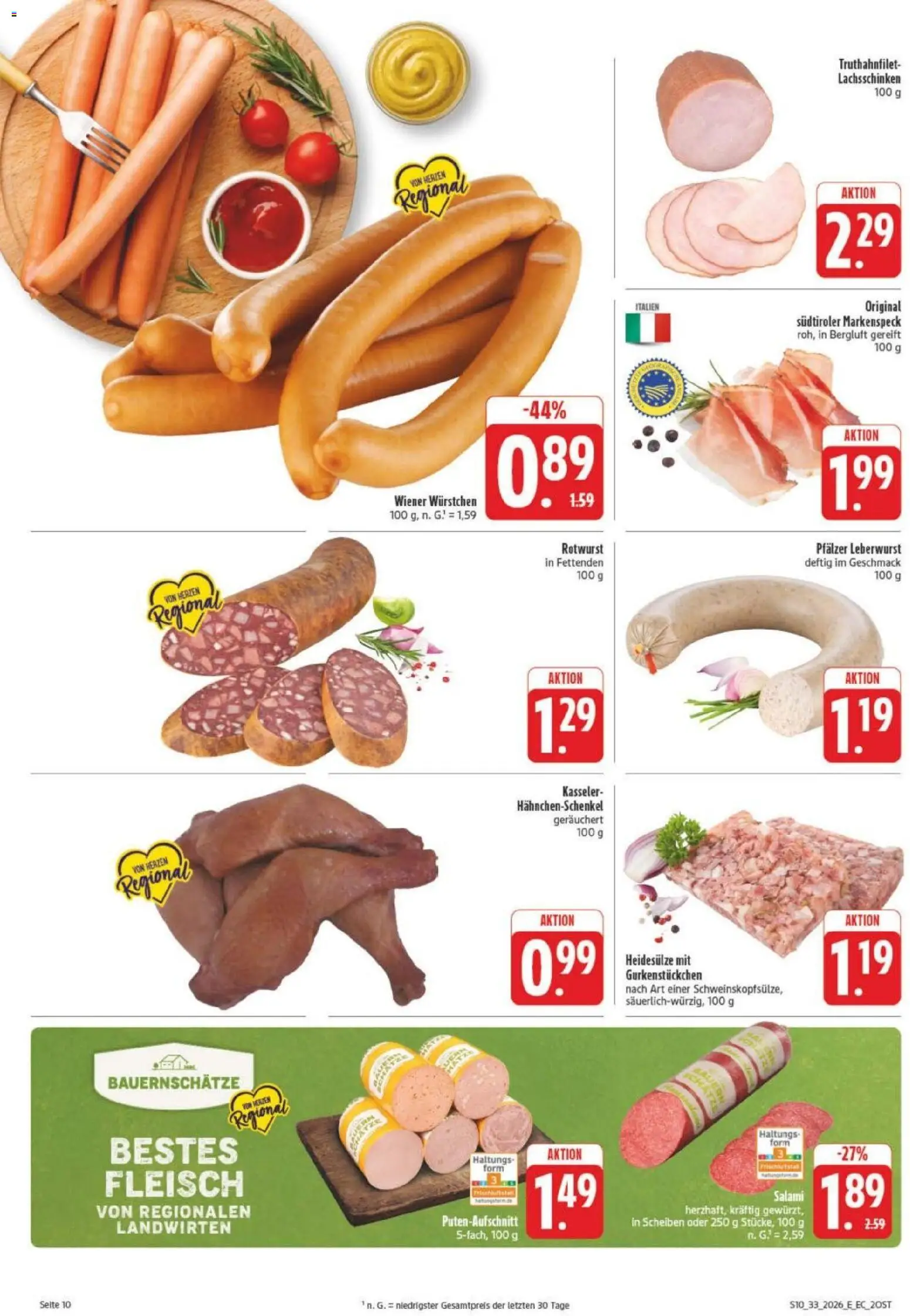 Edeka Prospekt Leipzig – gültig ab 10.08.2026 | Seite: 14 | Produkte: Wiener wurstchen, Hahnchenschenkel, Salami, Fleisch