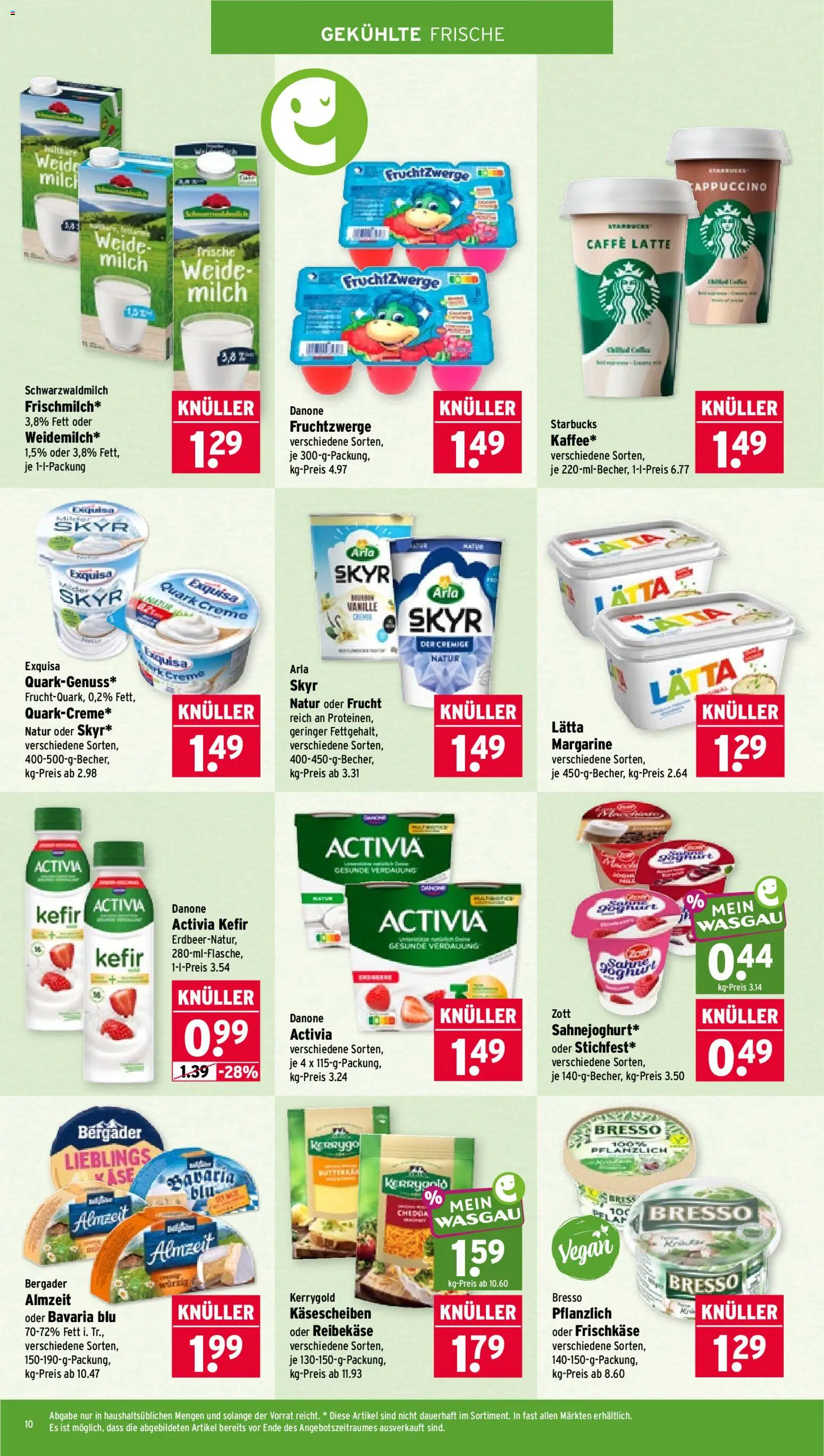 Wasgau Prospekt – gültig ab 24.08.2026 | Seite: 10 | Produkte: Danone activia, Fruchtzwerge, Skyr, Reibekase