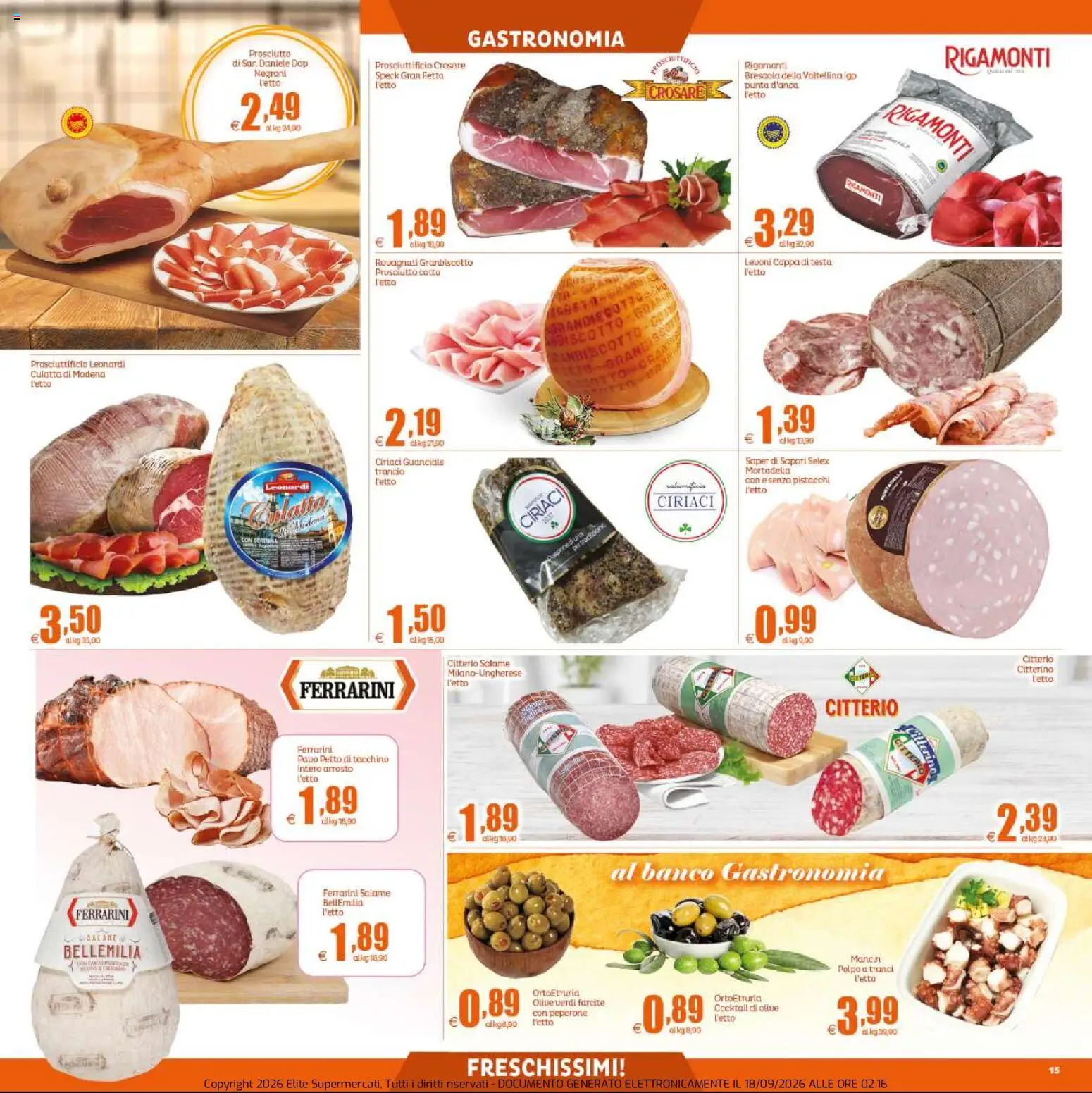 Volantino Elite Supermercati del 18/09/2026 | Pagina: 15 | Prodotti: Salame, Mortadella, Pistacchi, Guanciale