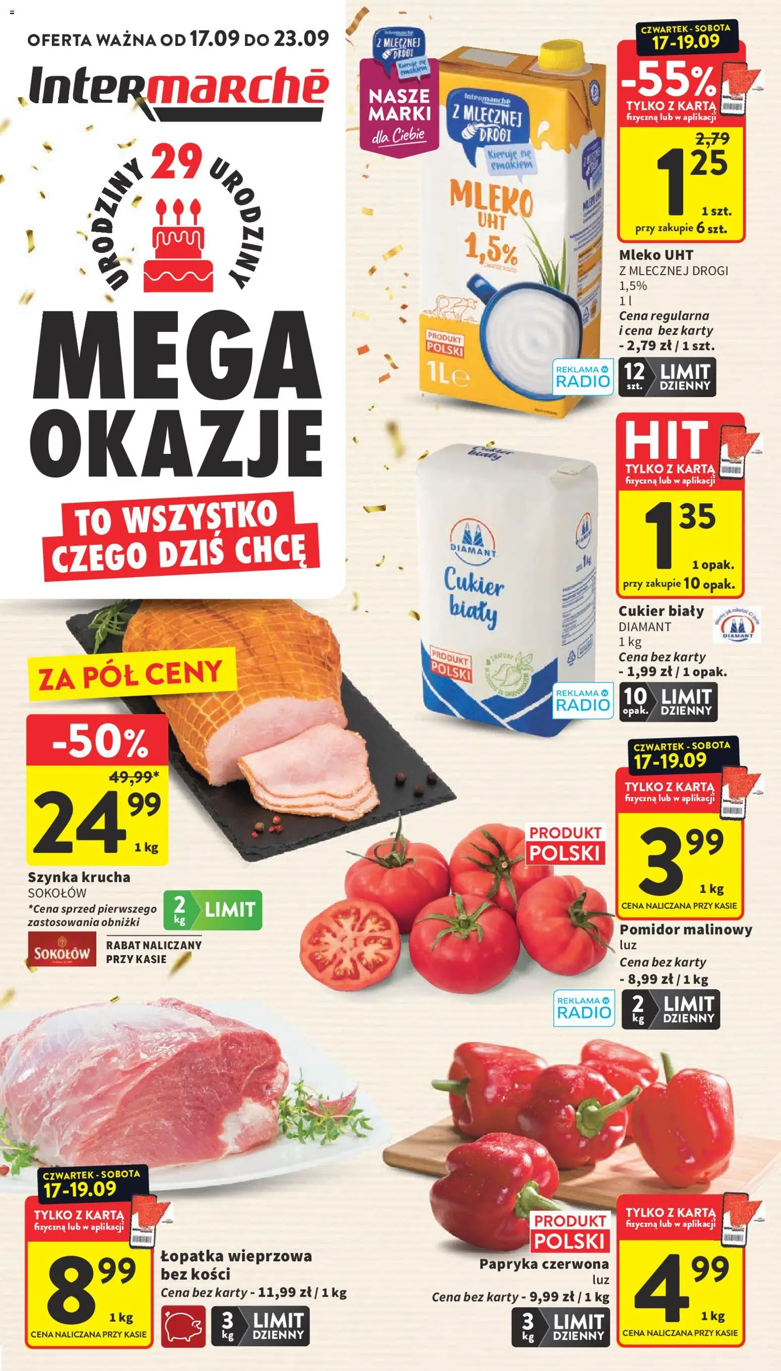 Intermarche gazetka od 17.09.2026 | Strona: 1 | Produkty: Karta, Pomidor malinowy, Łopatka wieprzowa, Mleko 1