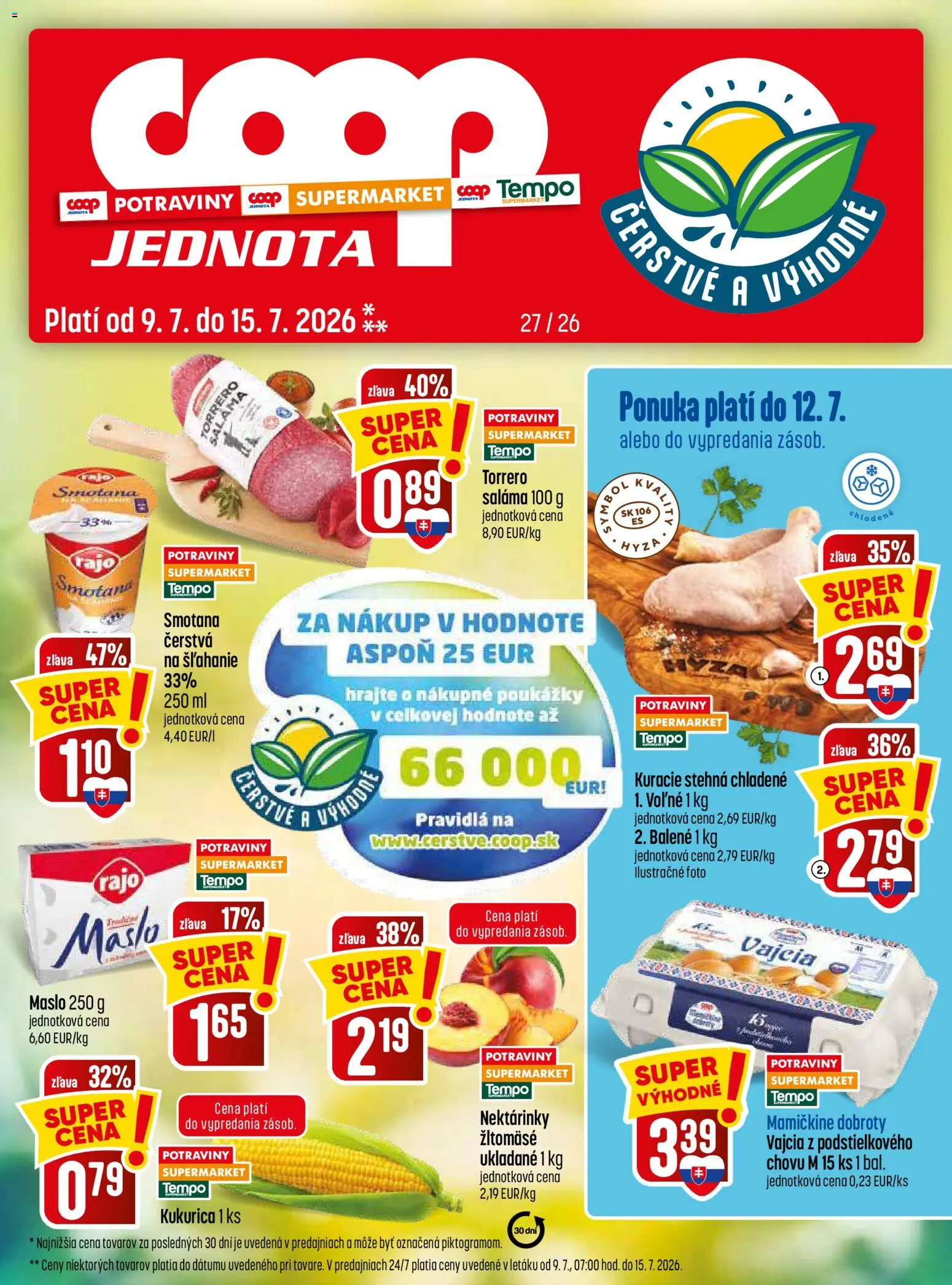 Nové COOP Jednota akcie – leták je platný od 09.07.2026 | Strana: 1 | Produkty: Vajcia, Saláma, Smotana, Kuracie stehná
