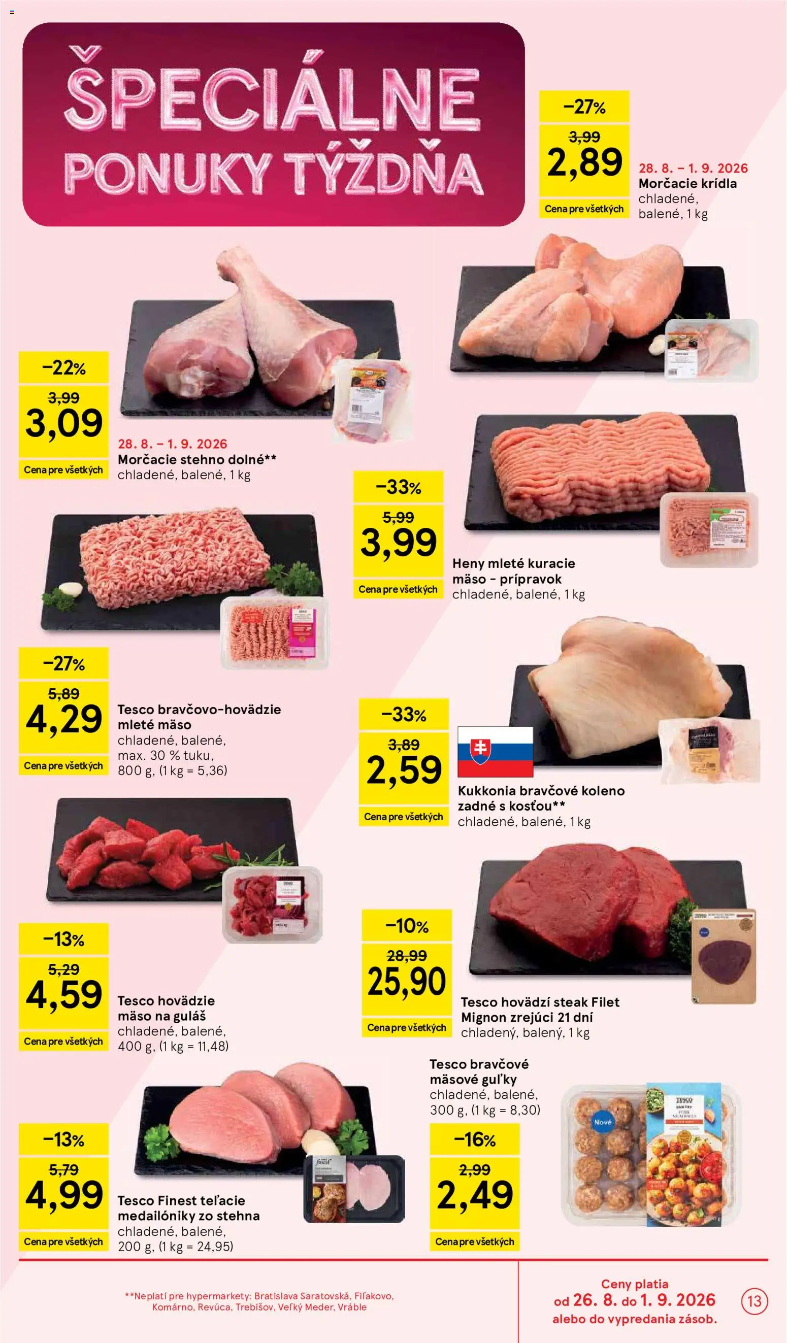 Nové Tesco akcie – leták je platný od 26.08.2026 | Strana: 13 | Produkty: Koleno, Hovädzie mäso, Bravčové koleno zadné, Steak