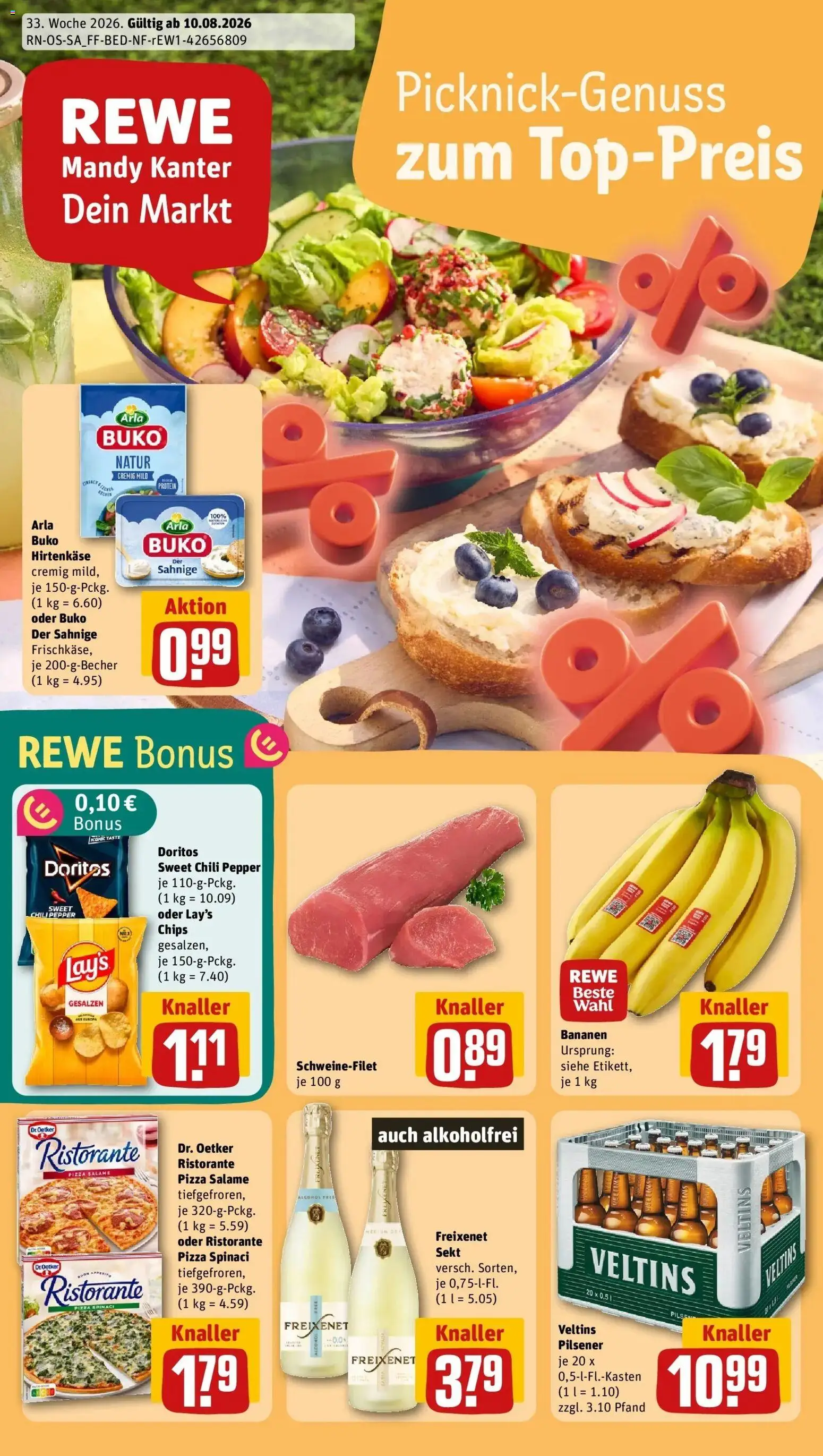 REWE Prospekt ab 10.08.2026 zum Blättern » Angebote | Seite: 1 | Produkte: Ristorante, Schweinefilet, Arla buko, Veltins
