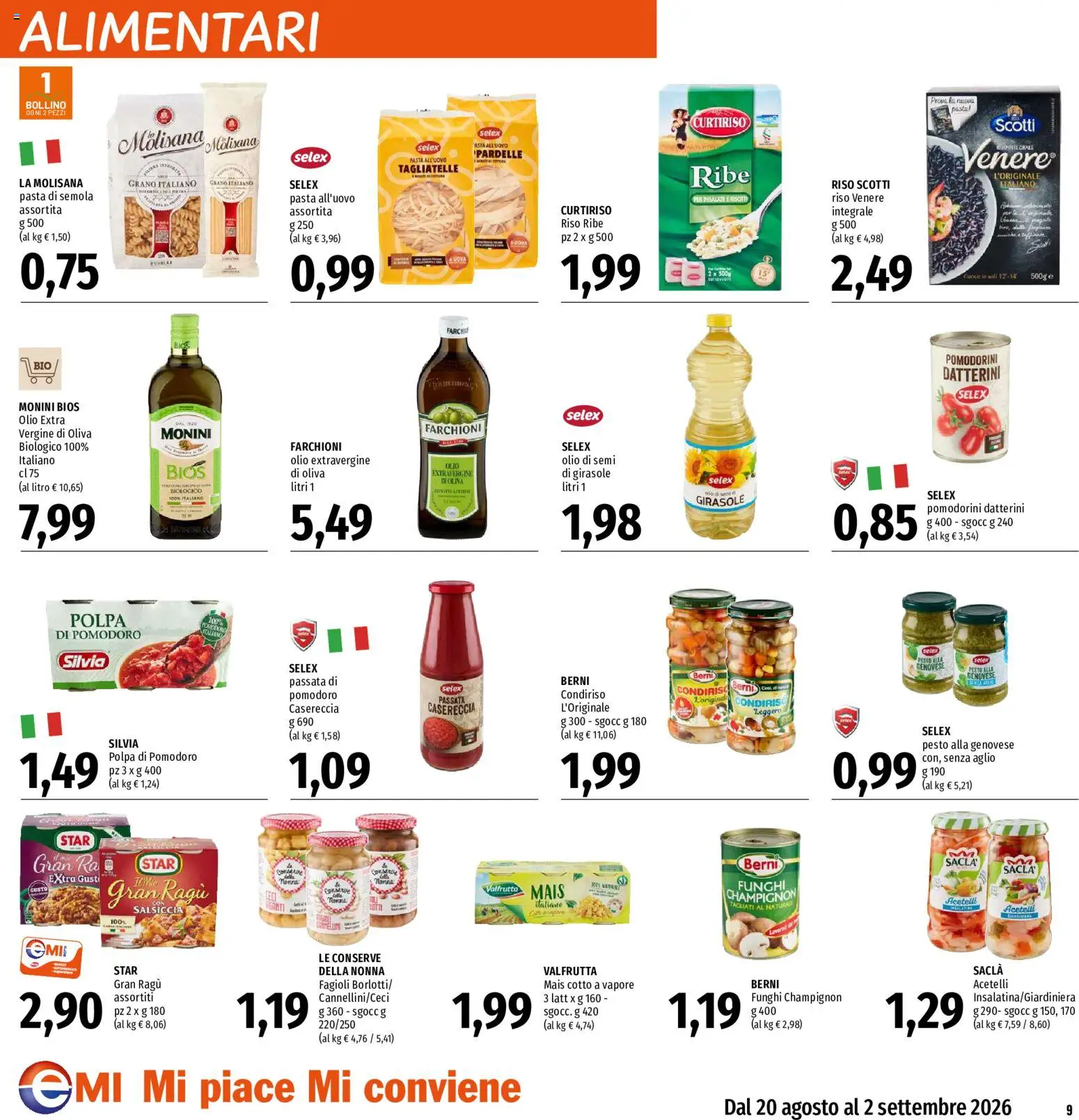 Volantino EMI del 20/08/2026 | Pagina: 9 | Prodotti: Tagliatelle, Aglio, Pasta, Mais