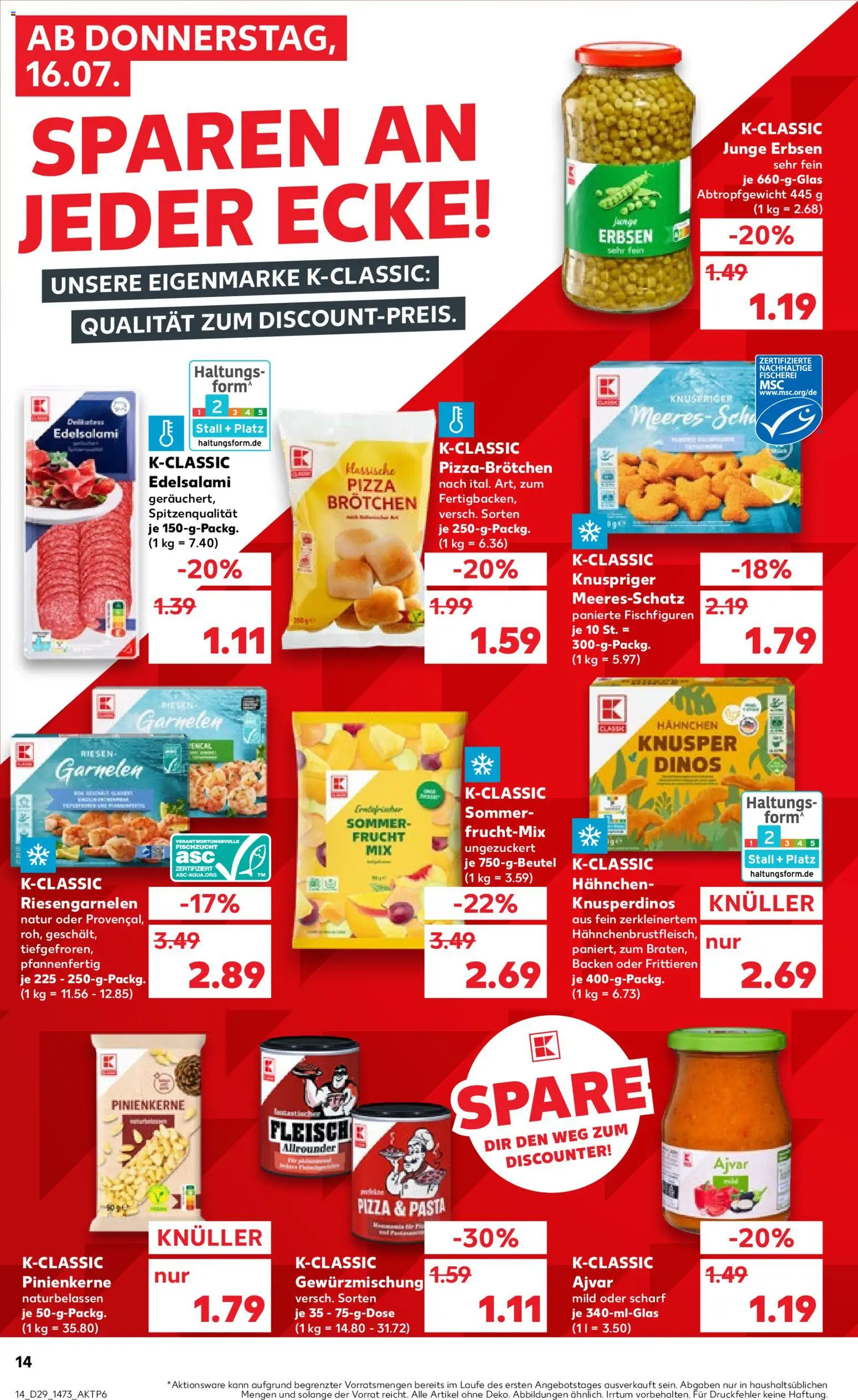Kaufland Prospekt Berlin – gültig ab 16.07.2026 | Seite: 14 | Produkte: Hahnchen, Garnelen, Pasta, Erbsen