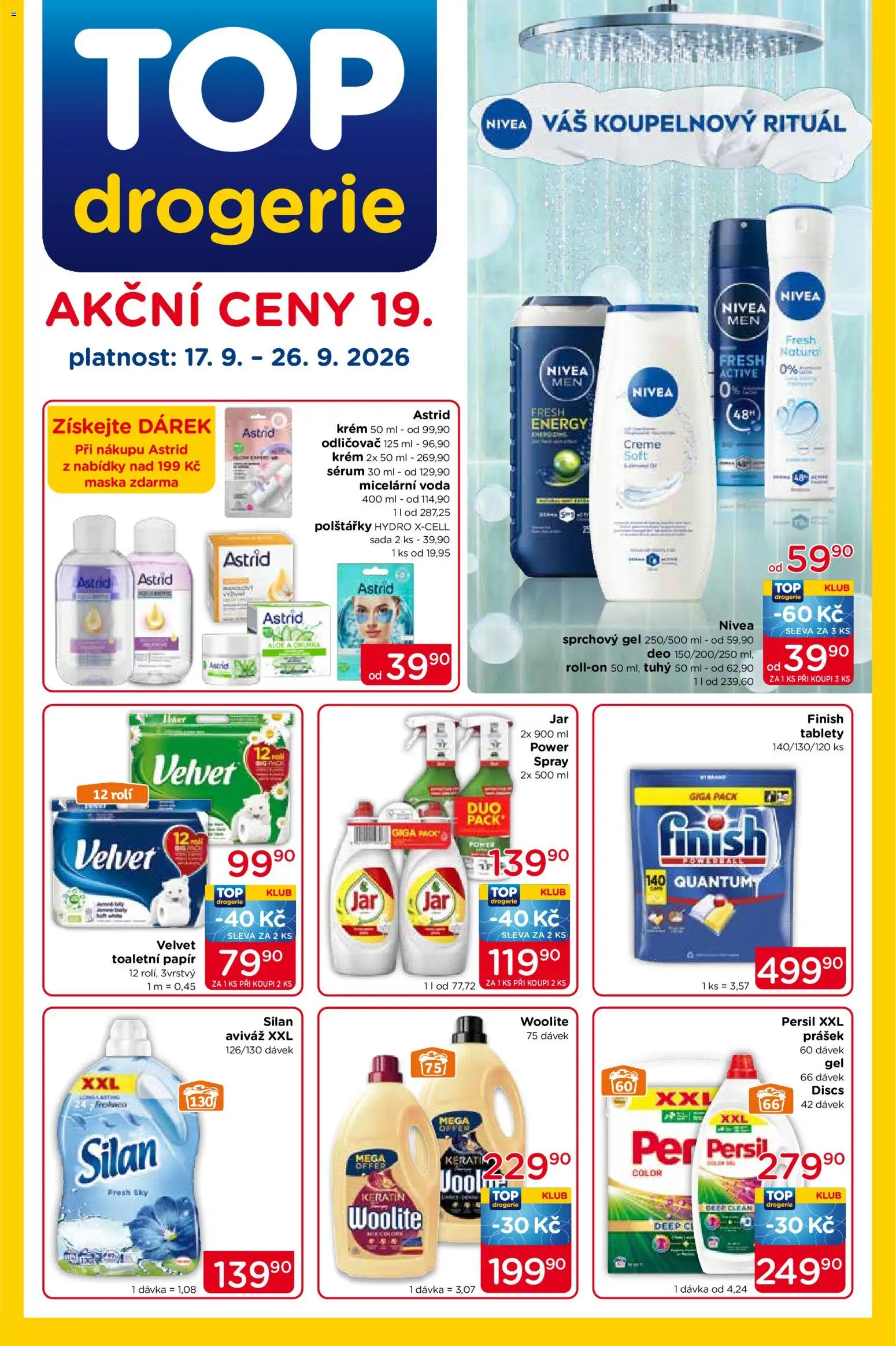 Top drogerie leták od 17.09.2026 | Strana: 1 | Produkty: Finish, Toaletní papír, Velvet, Maska