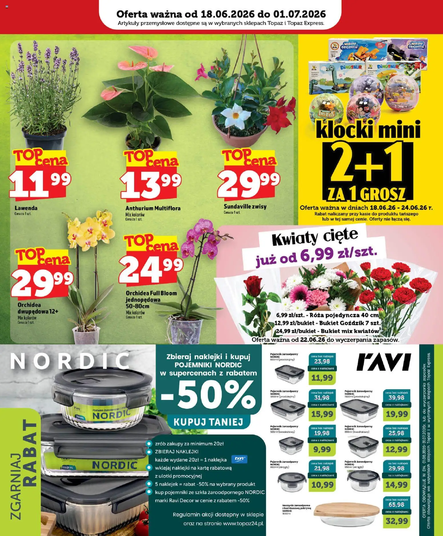 Topaz gazetka - Ceny małe na stałe od 18.06.2026 | Strona: 77 | Produkty: Kwiaty cięte, Goździk, Artykuły przemysłowe, Kwiaty