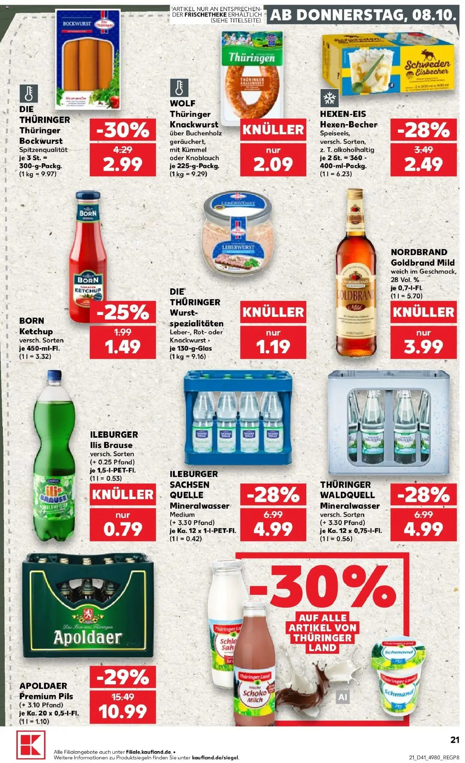 Prospekt Kaufland ab 08.10.2026 » Angebote Online zum Blättern | Seite: 21 | Produkte: Bockwurst, Mineralwasser, Wurst, Knoblauch