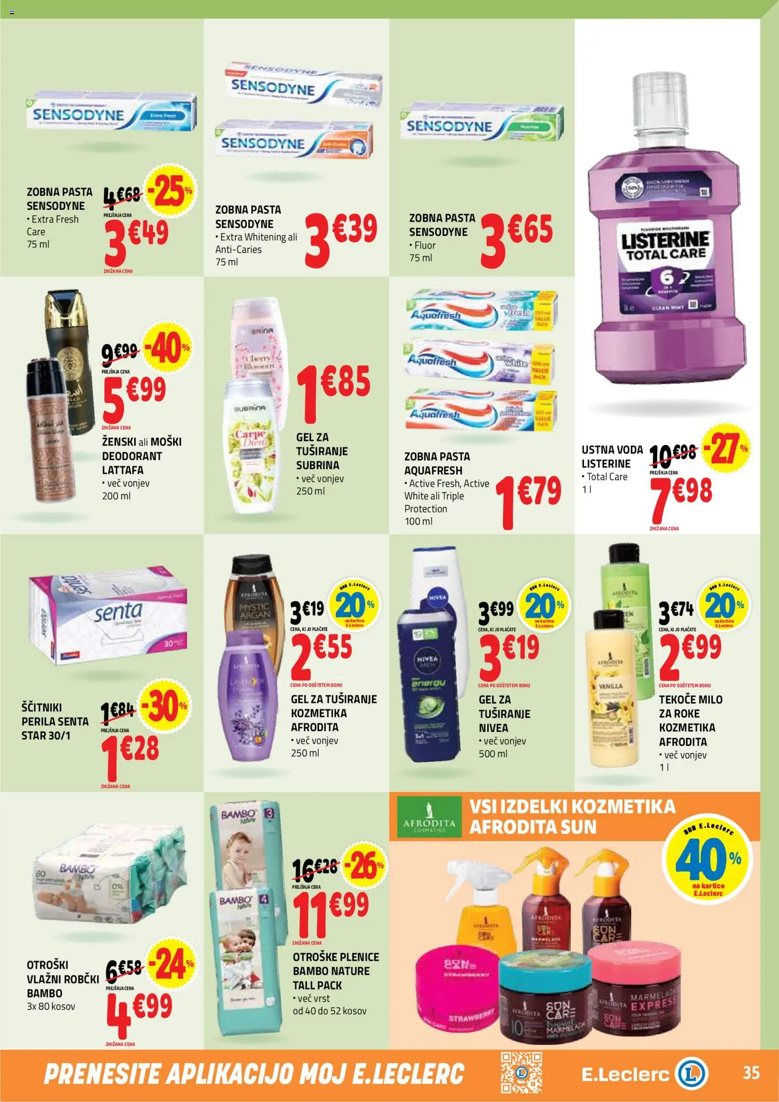 Novi E.leclerc katalog ponudbe – veljaven od 12.08.2026 | Stran: 35 | Izdelki: Tekoče milo, Plenice, Zobna pasta, Voda