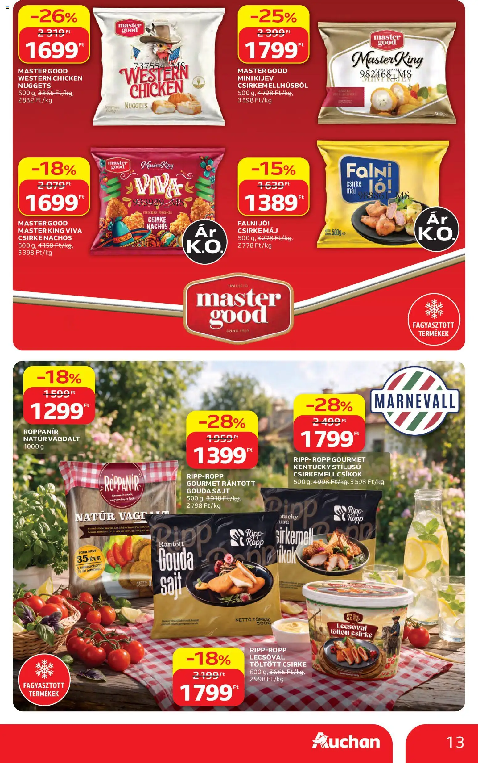 Auchan akciós ujság - amely érvényes a következő dátumtól: 2026.09.10. | Oldal: 13 | Termékek: Csirke, Máj, Nuggets, Csirkemell