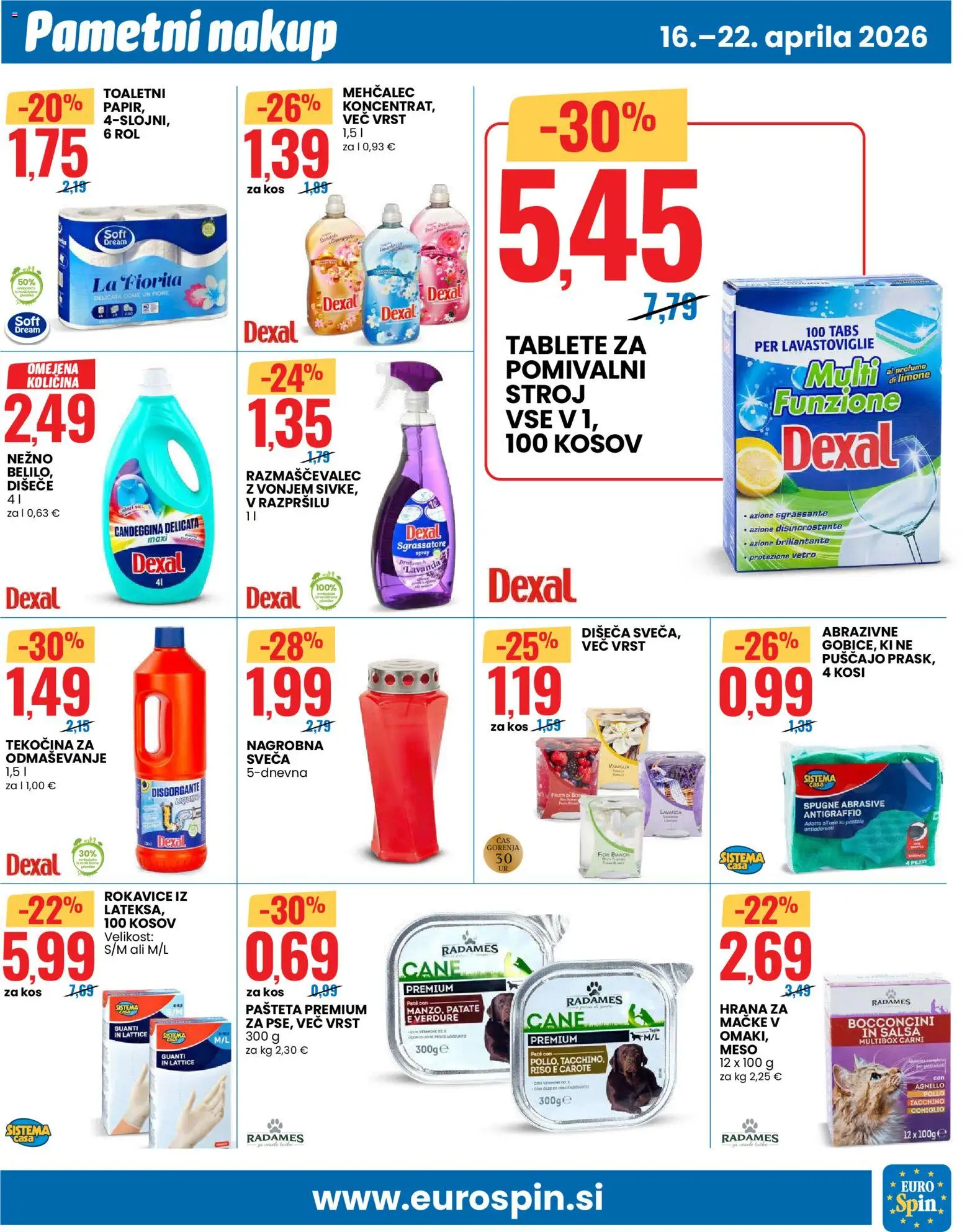 Novi Eurospin katalog ponudbe – veljaven od 16.04.2026 | Stran: 9 | Izdelki: Hrana za mačke, Mehčalec, Sveča, Pašteta