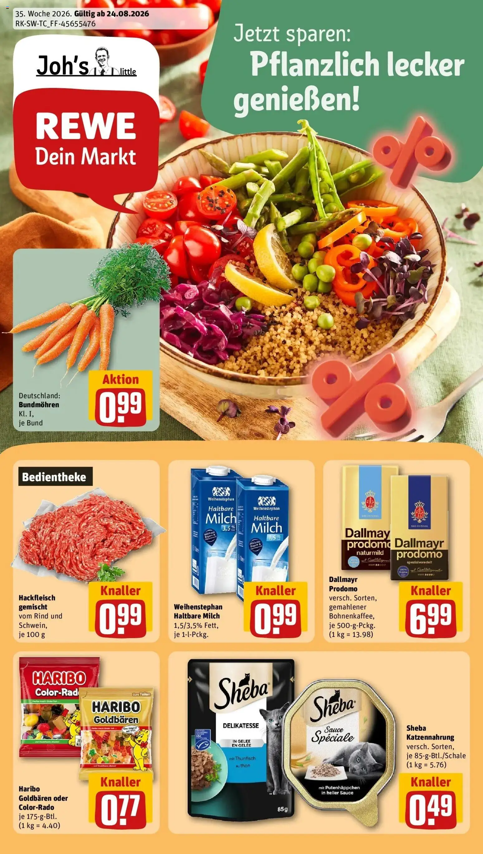 REWE Prospekt ab 24.08.2026 zum Blättern » Angebote | Seite: 1 | Produkte: Sheba, Haribo, Thunfisch, Dallmayr