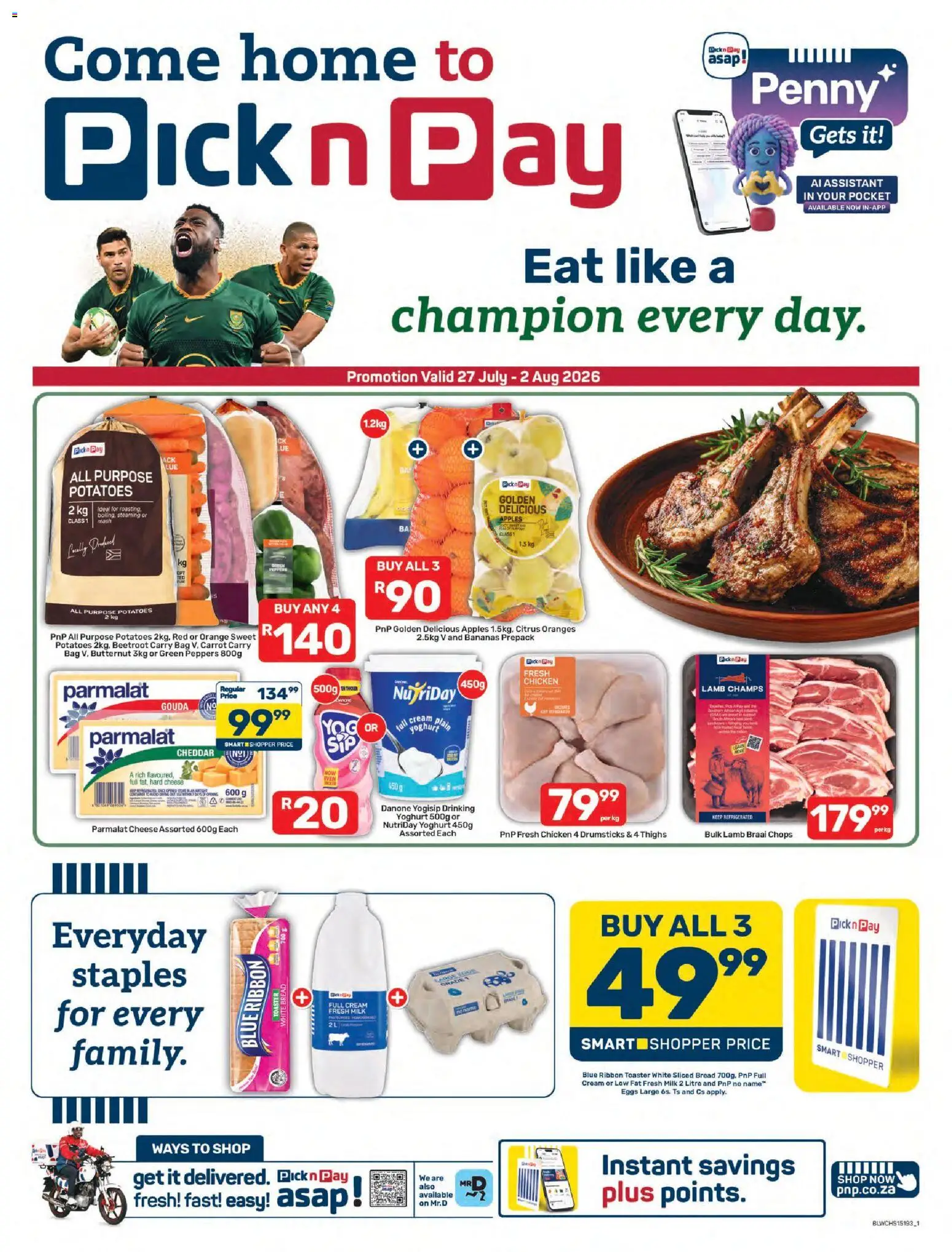New Pick n Pay catalogue – valid from 27/07/2026 | Page: 1 | Products: Bag, Eggs, Chicken, Apples