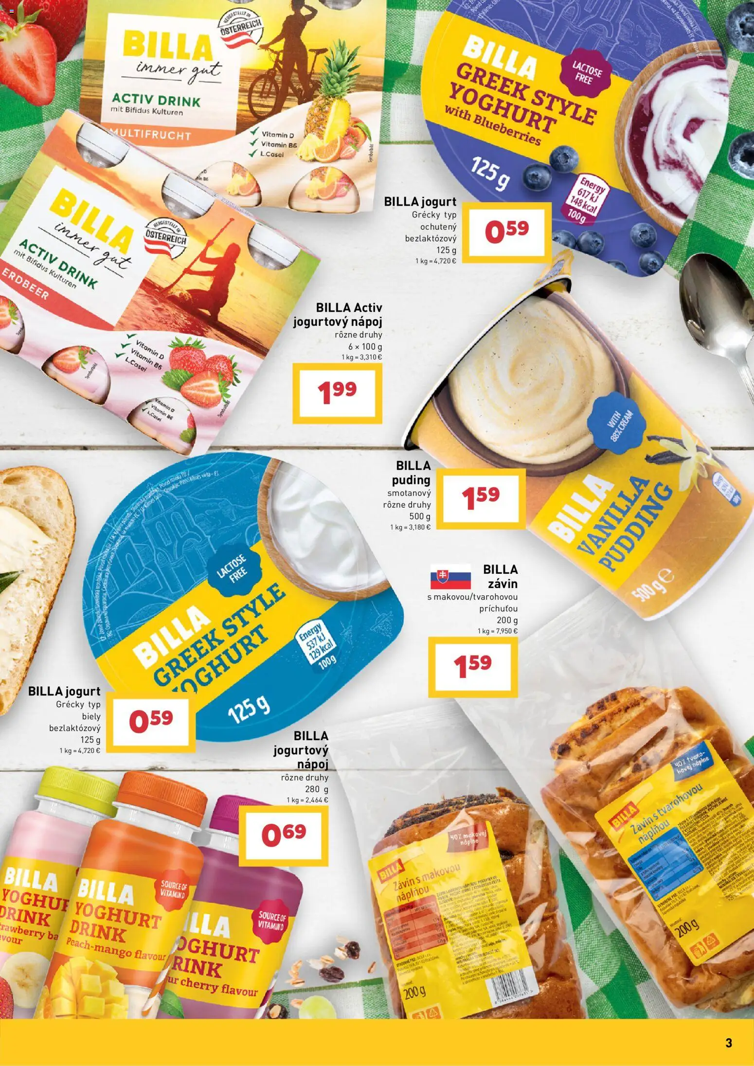 Nové Billa akcie – leták je platný od 22.07.2026 | Strana: 3 | Produkty: Jogurt, Závin, Puding