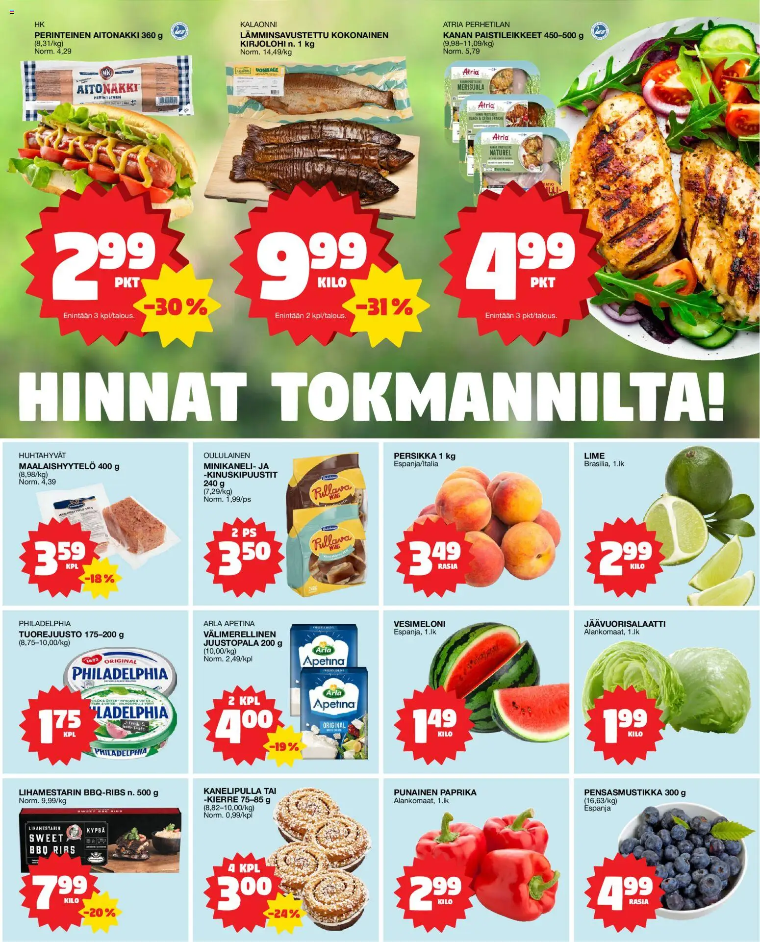 Tokmanni Ruokatarjoukset – voimassa 04.06.2026 alkaen | Sivu: 3 | Tuotteet: Jäävuorisalaatti, Vesimeloni, Paprika, Persikka