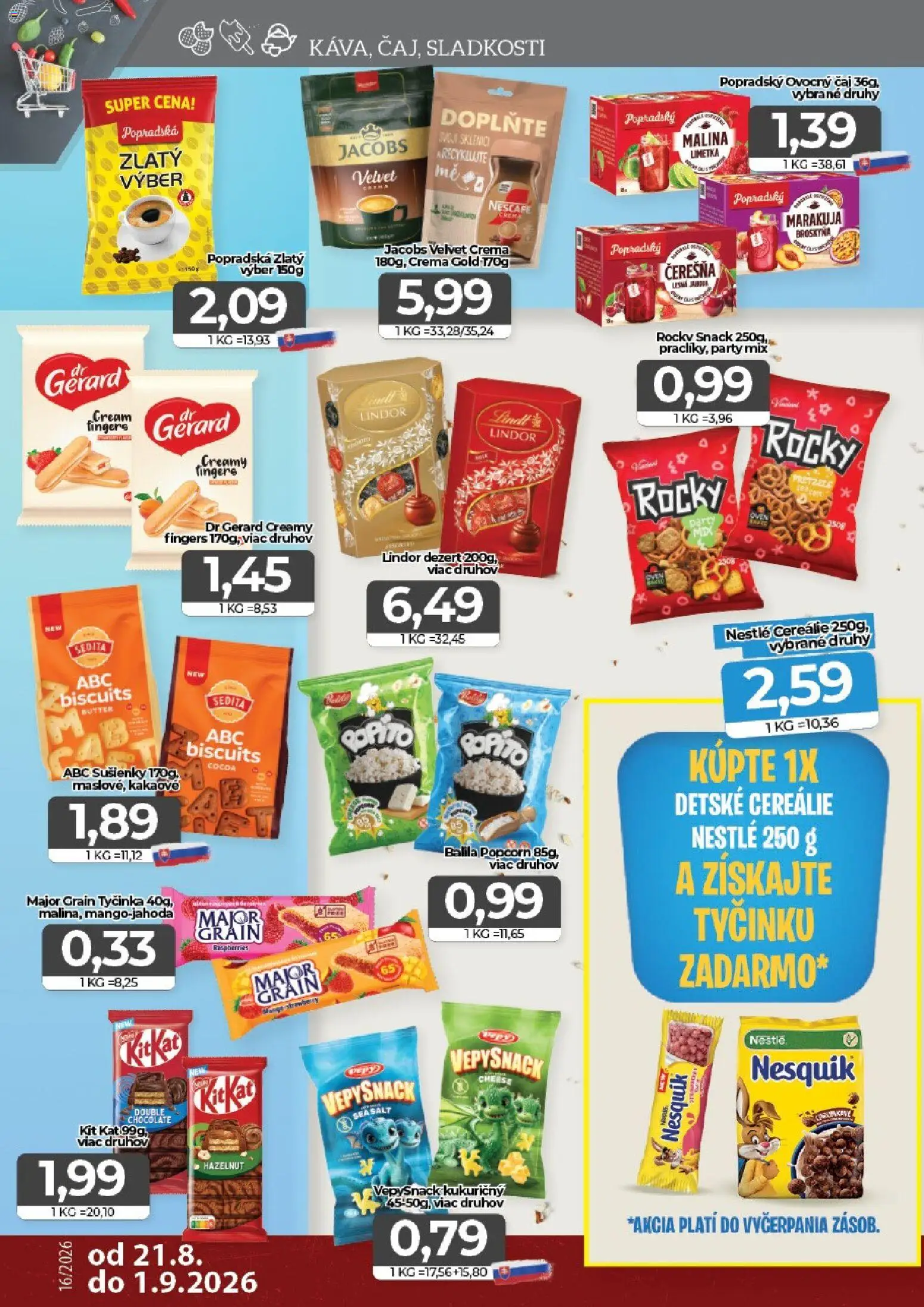 Nové CBA Komfos akcie – leták je platný od 21.08.2026 | Strana: 10 | Produkty: Jacobs Velvet, Limetka, Čaj, Popcorn