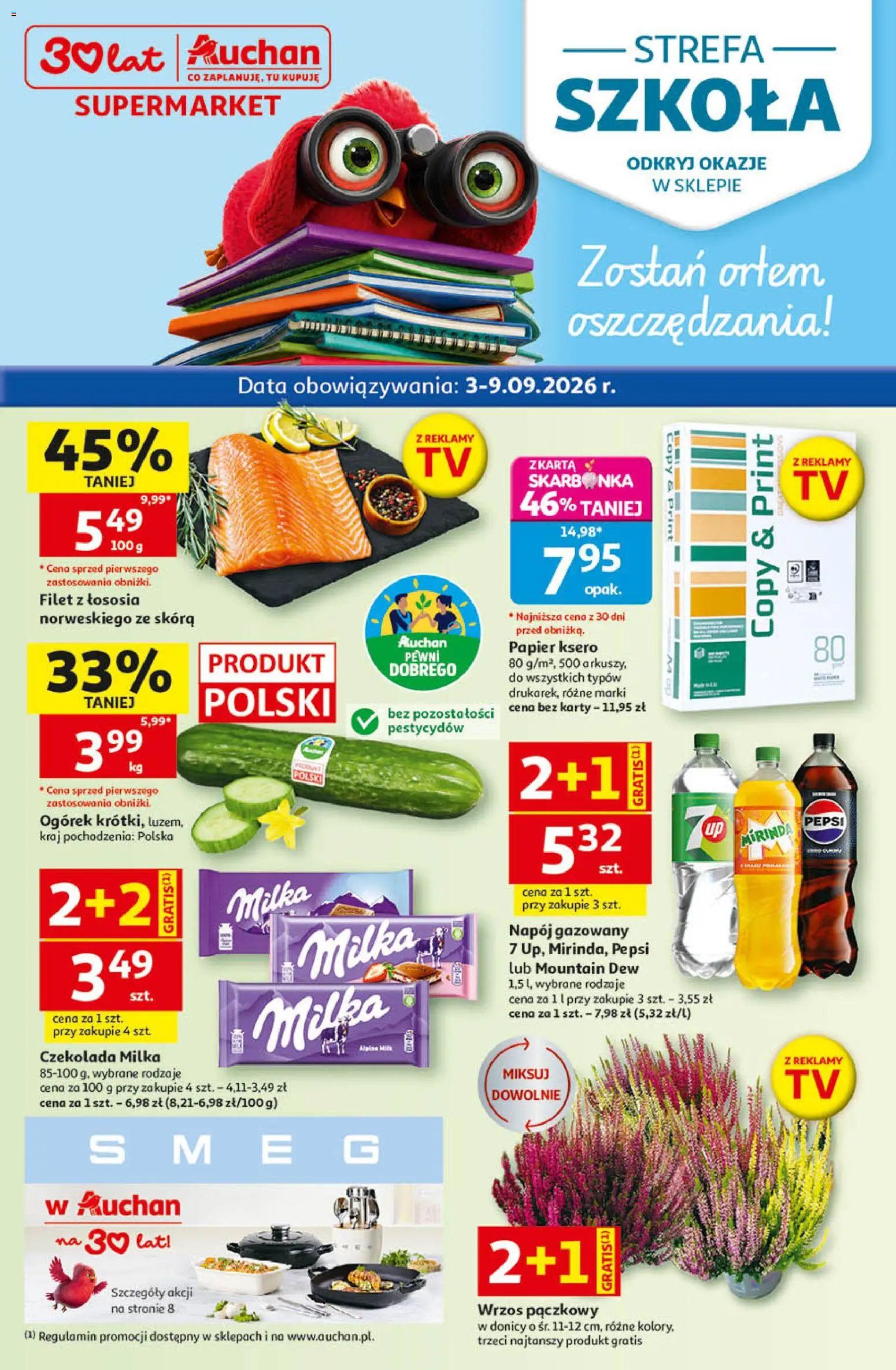 Auchan gazetka od 03.09.2026 | Strona: 1 | Produkty: Karta, Pepsi, Pepsi mirinda, Filet z łososia