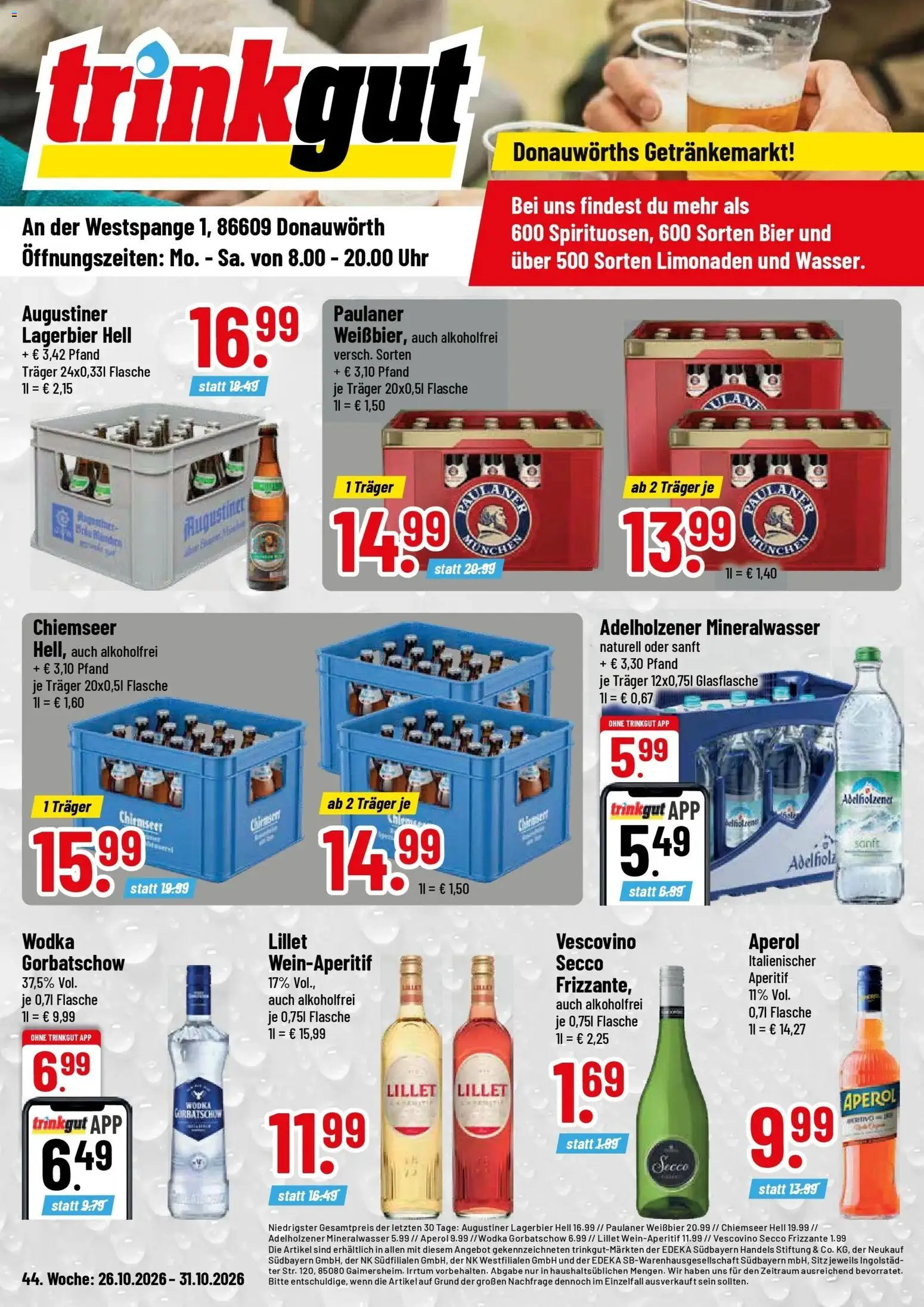 Trinkgut Prospekt Donauwörth (ab 26.10.2026) » Angebote online | Seite: 1 | Produkte: Adelholzener, Mineralwasser, Lillet, Wodka