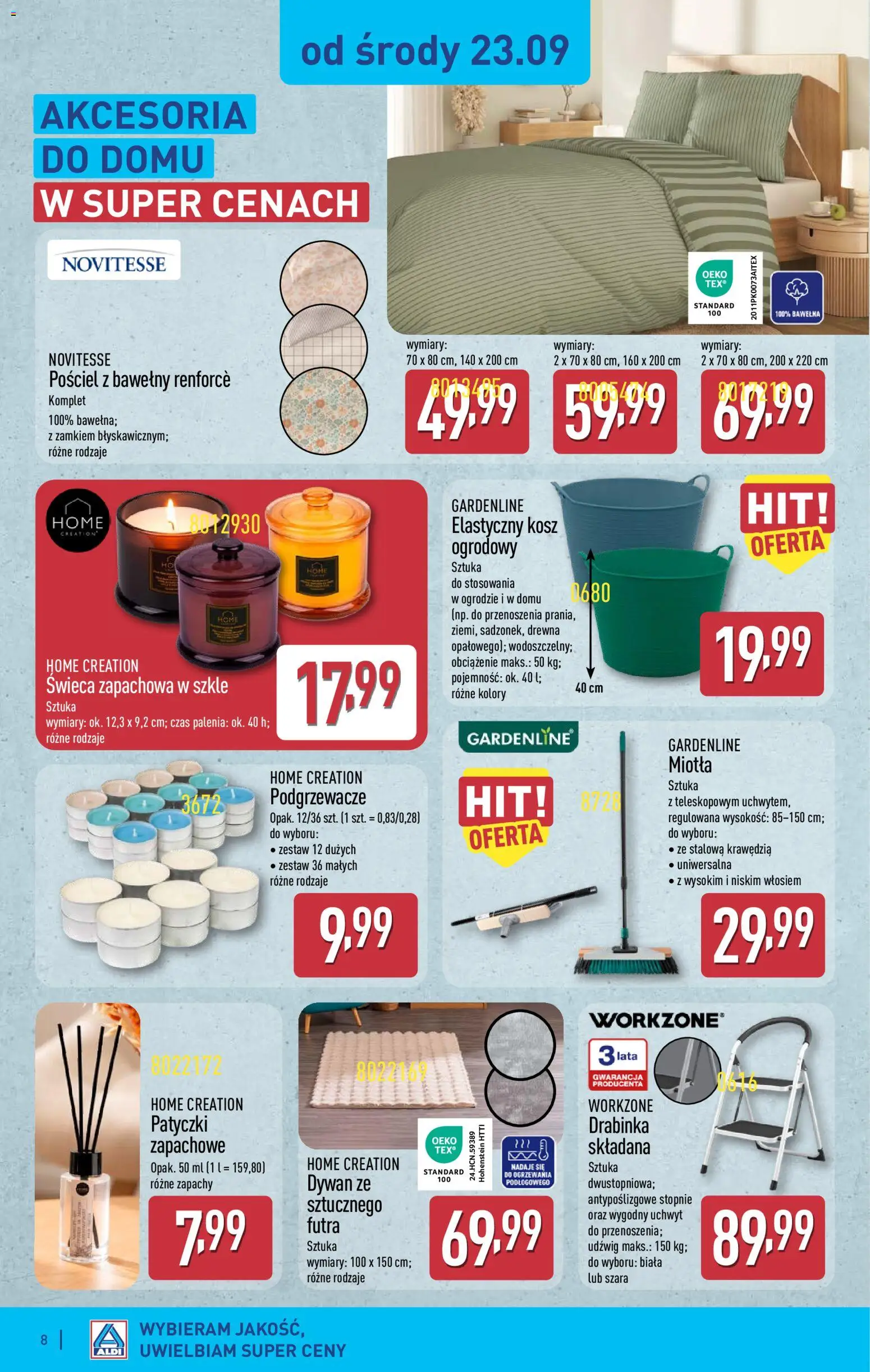 Aldi gazetka - Hity od Środy i od Soboty od 23.09.2026 | Strona: 8 | Produkty: Pościel, Świeca, Kosz, Dywan