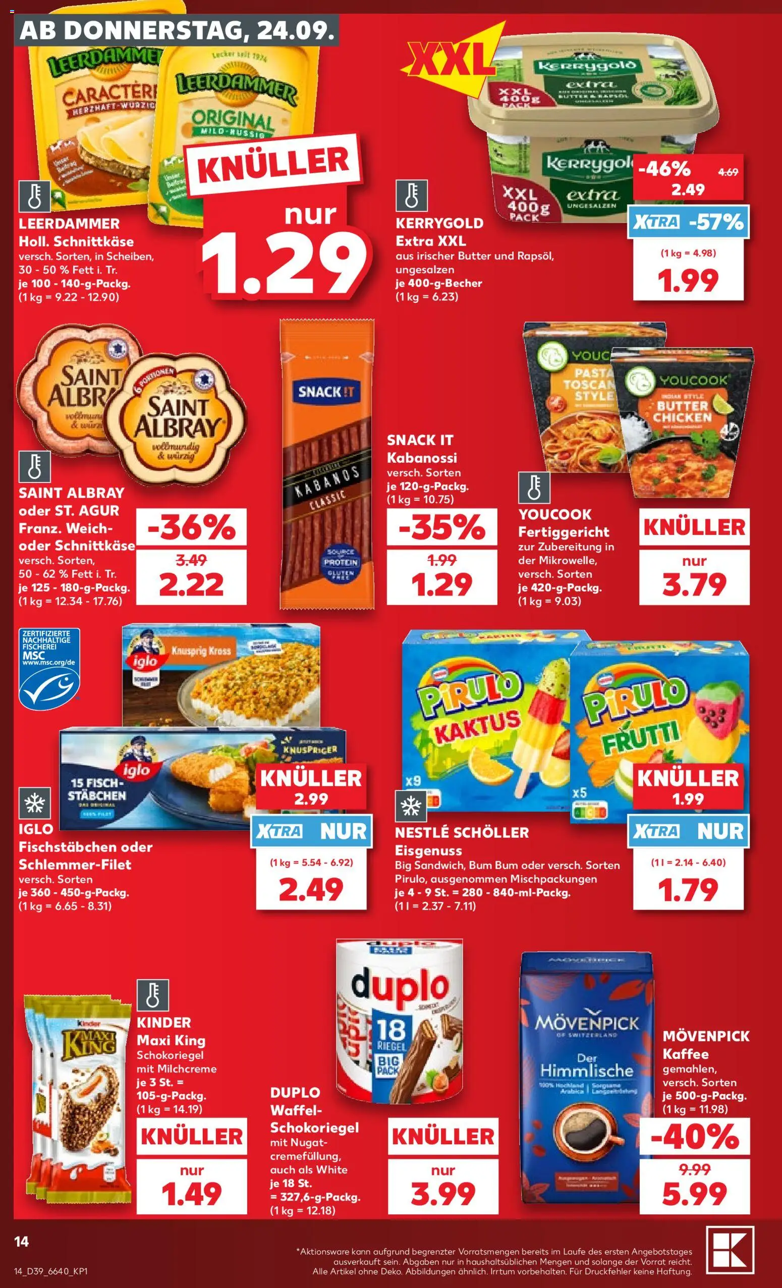 Kaufland Prospekt – gültig ab 24.09.2026 | Seite: 14 | Produkte: Kaffee, Iglo, Fischstabchen, Pasta