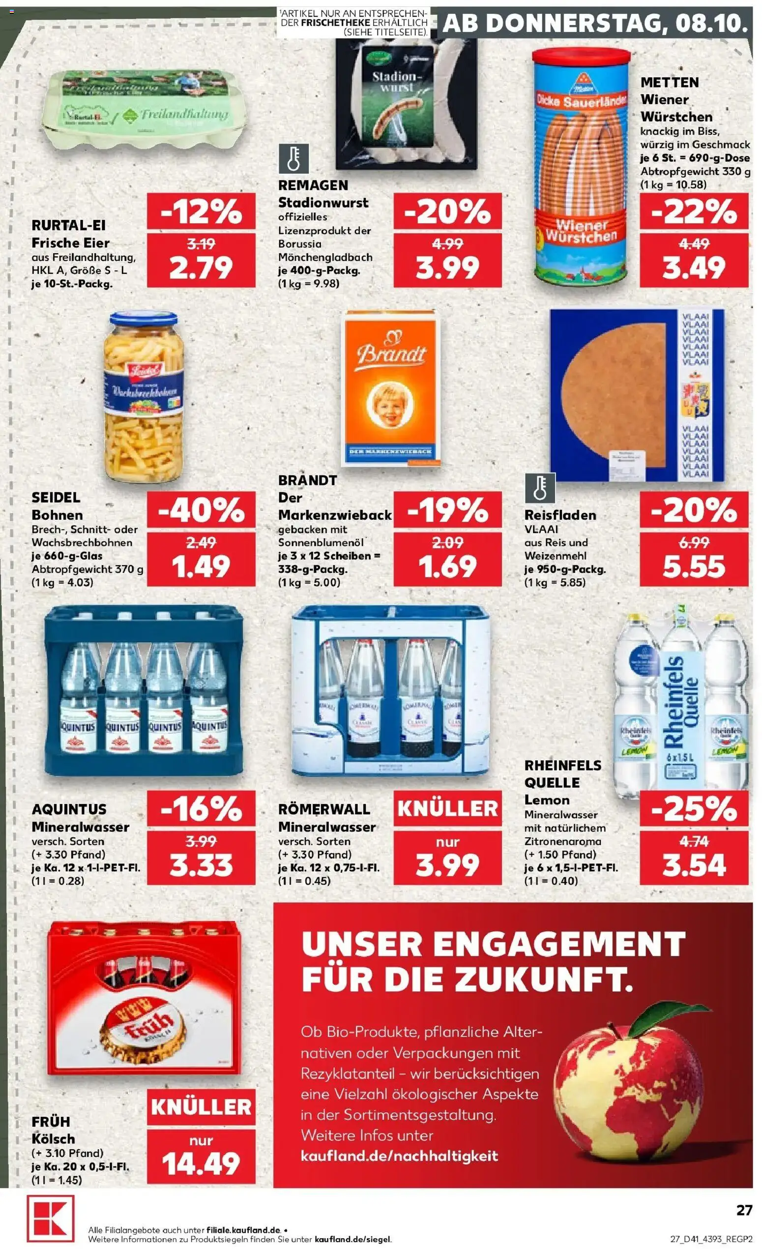 Prospekt Kaufland ab 08.10.2026 » Angebote Online zum Blättern | Seite: 27 | Produkte: Mineralwasser, Wurst, Reis, Rheinfels quelle