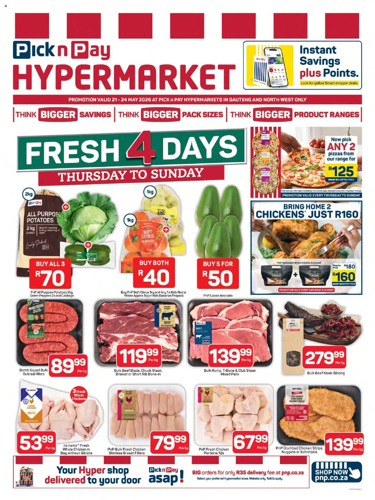 New Pick n Pay catalogue – valid from 21.05.2026 | Page: 1 | Products: Bag, Steak, Apples, Bananas