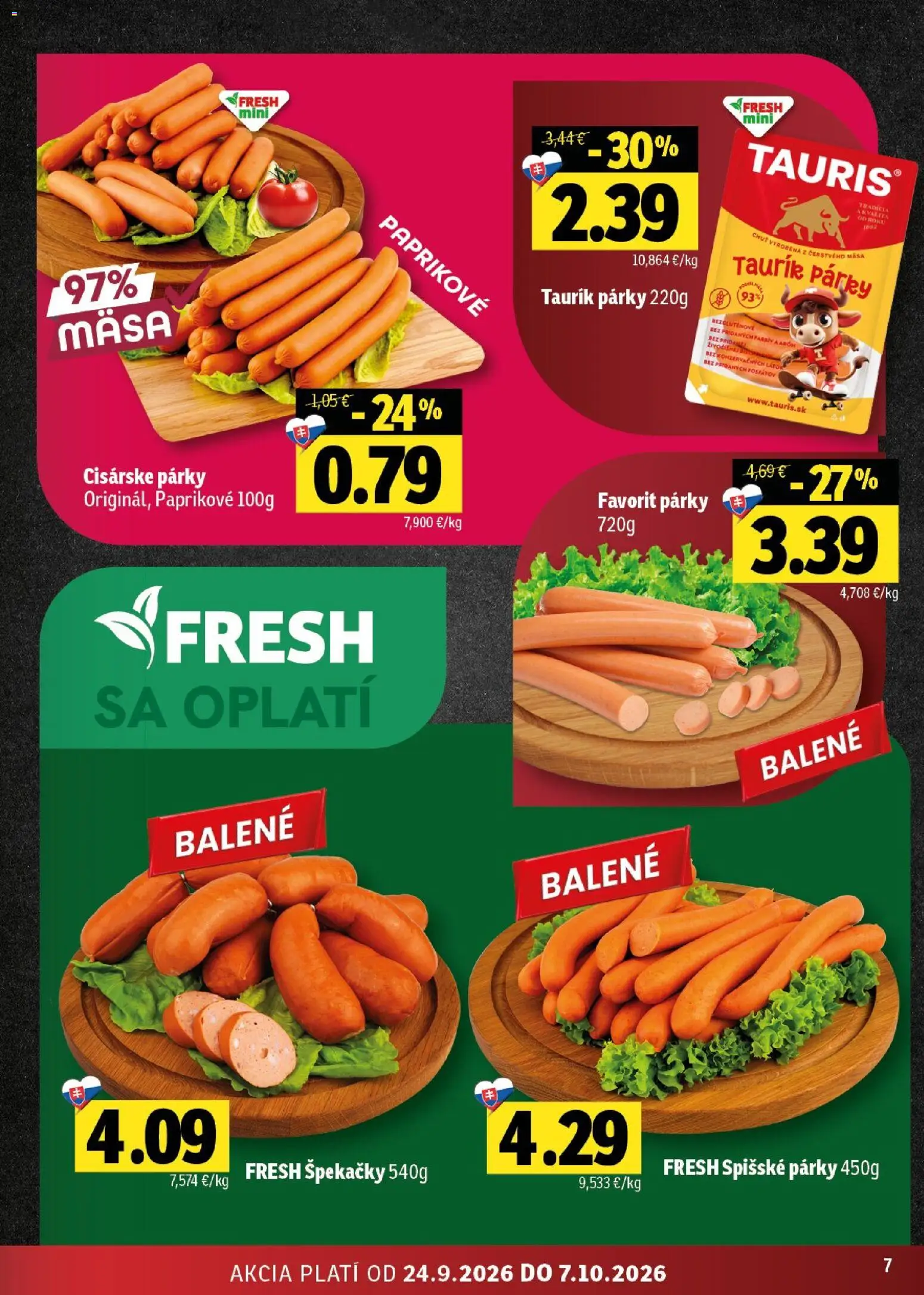 Nové Fresh akcie – leták je platný od 24.09.2026 | Strana: 7 | Produkty: Párky