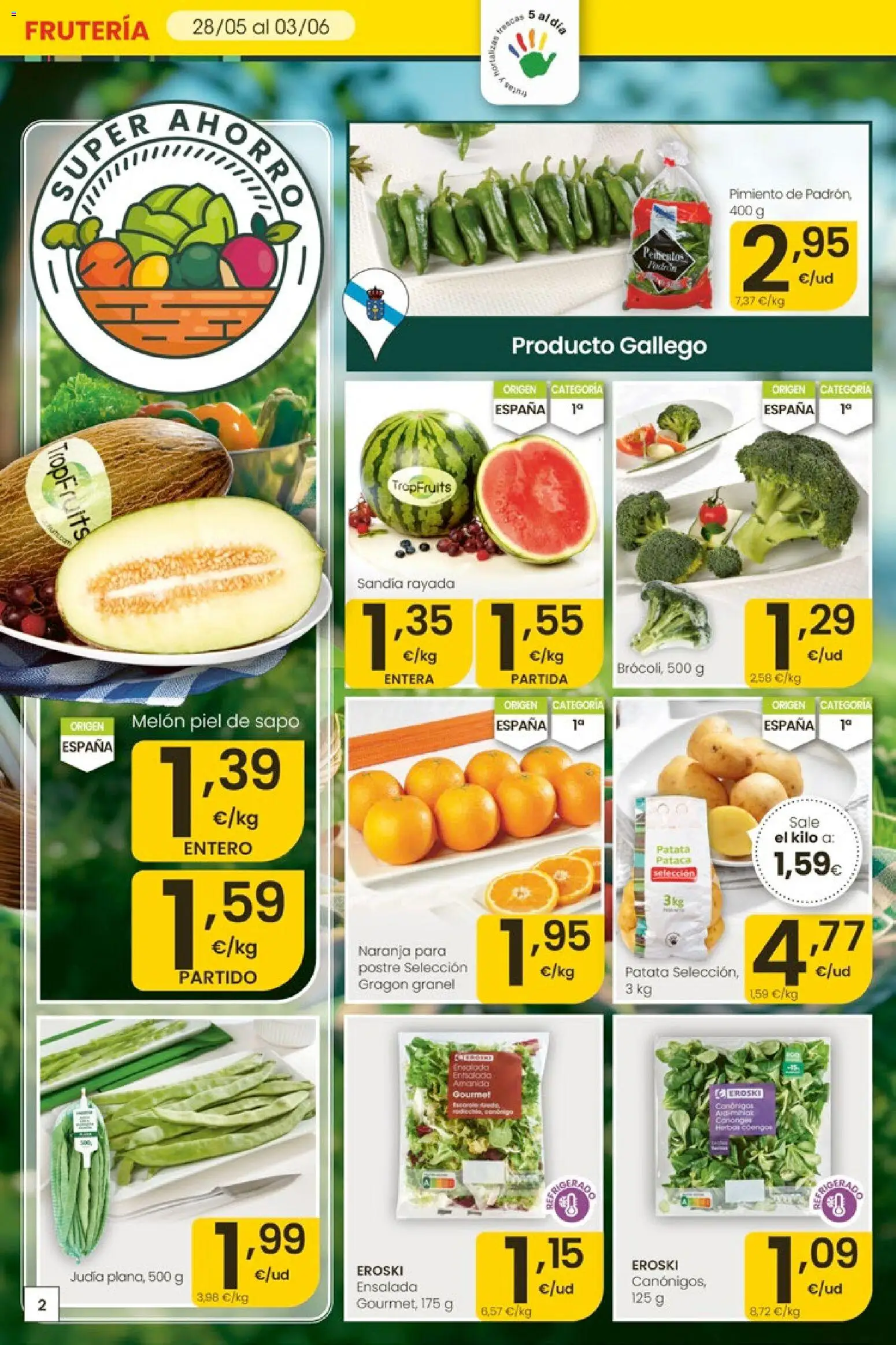 Eroski Ofertas │ válido desde el 28.05.2026 | Página: 2 | Productos: Φορτιστής, Κάδος απορρυμάτων, Ensalada, Sandía