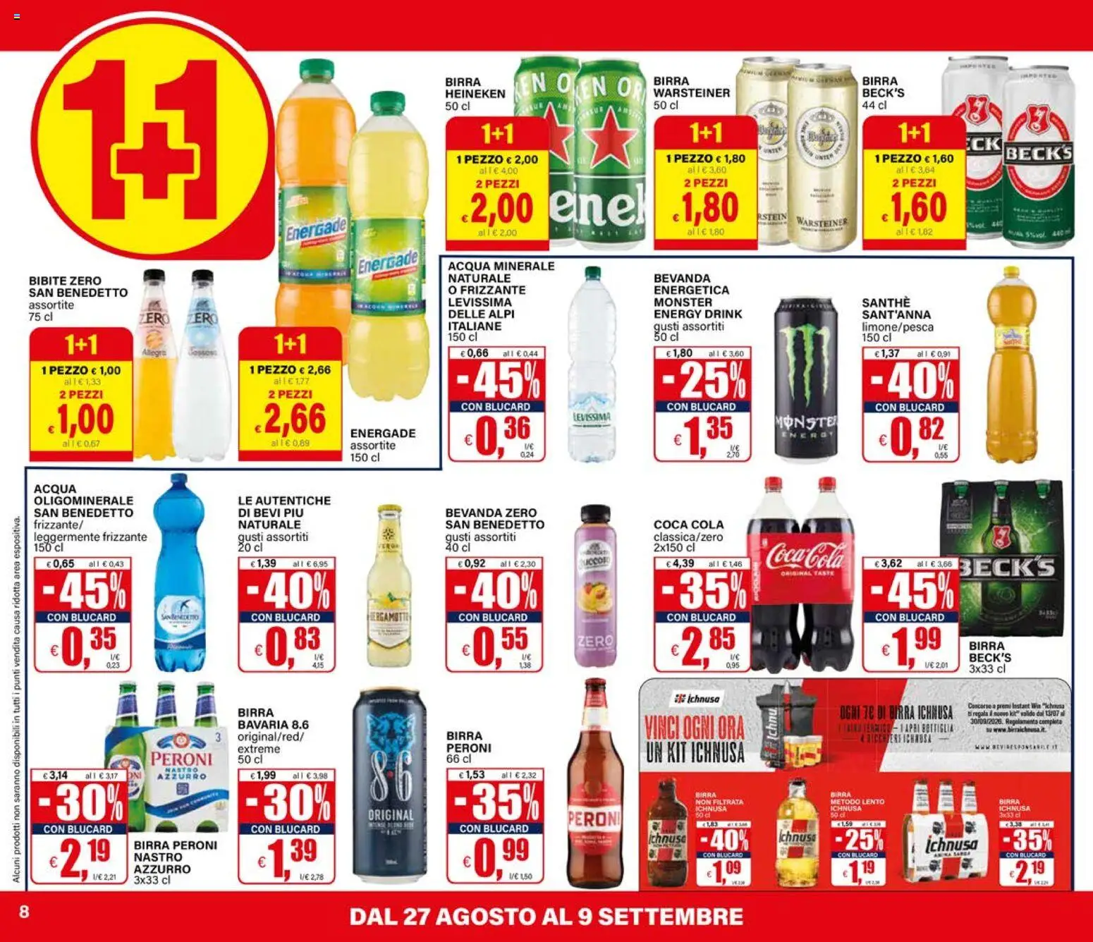 Volantino Il Gigante del 27/08/2026 | Pagina: 8 | Prodotti: Birra Heineken, Acqua minerale, Coca Cola, Birra Ichnusa