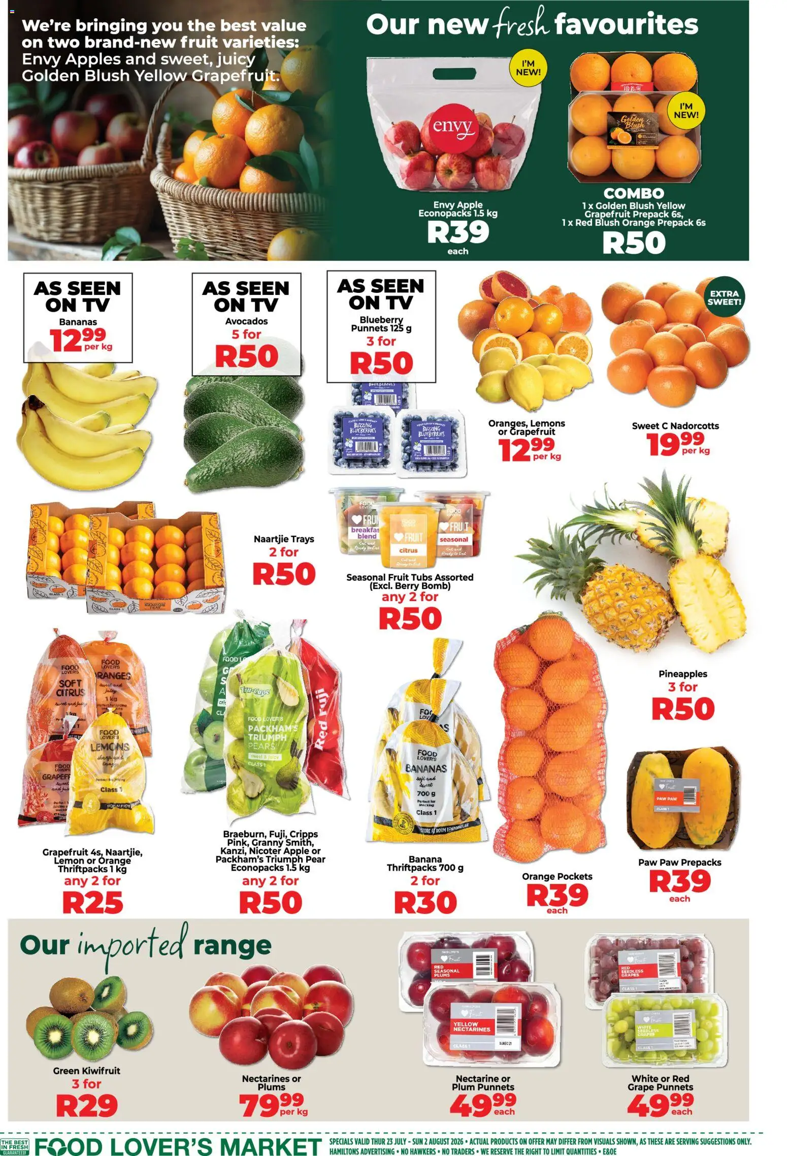 New Food Lover's Market catalogue – valid from 23/07/2026 | Page: 3 | Products: Blueberries, Grapefruit, Lemon, Grapes