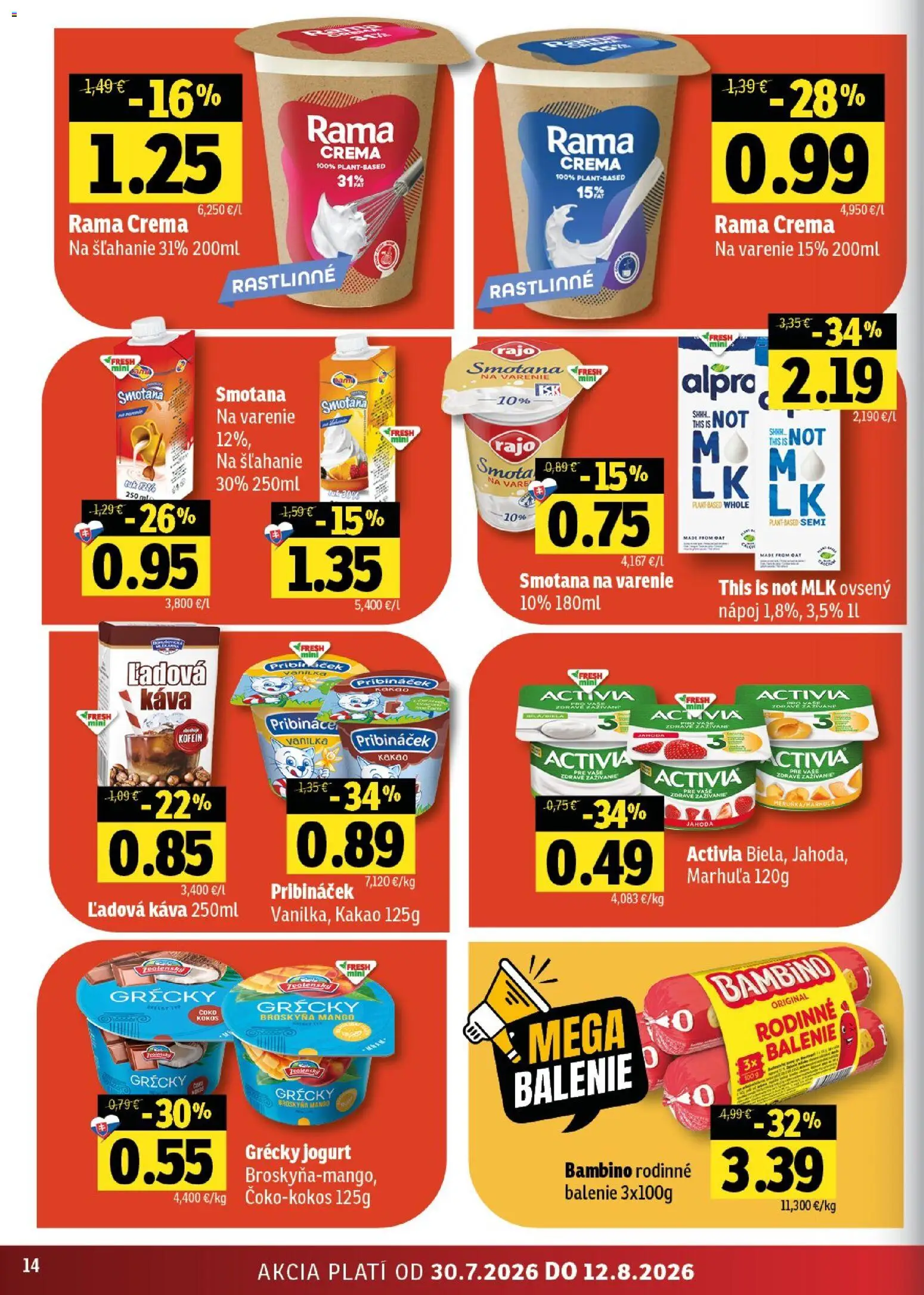 Nové Fresh akcie – leták je platný od 30.07.2026 | Strana: 14 | Produkty: Káva, Smotana, Mango, Kakao