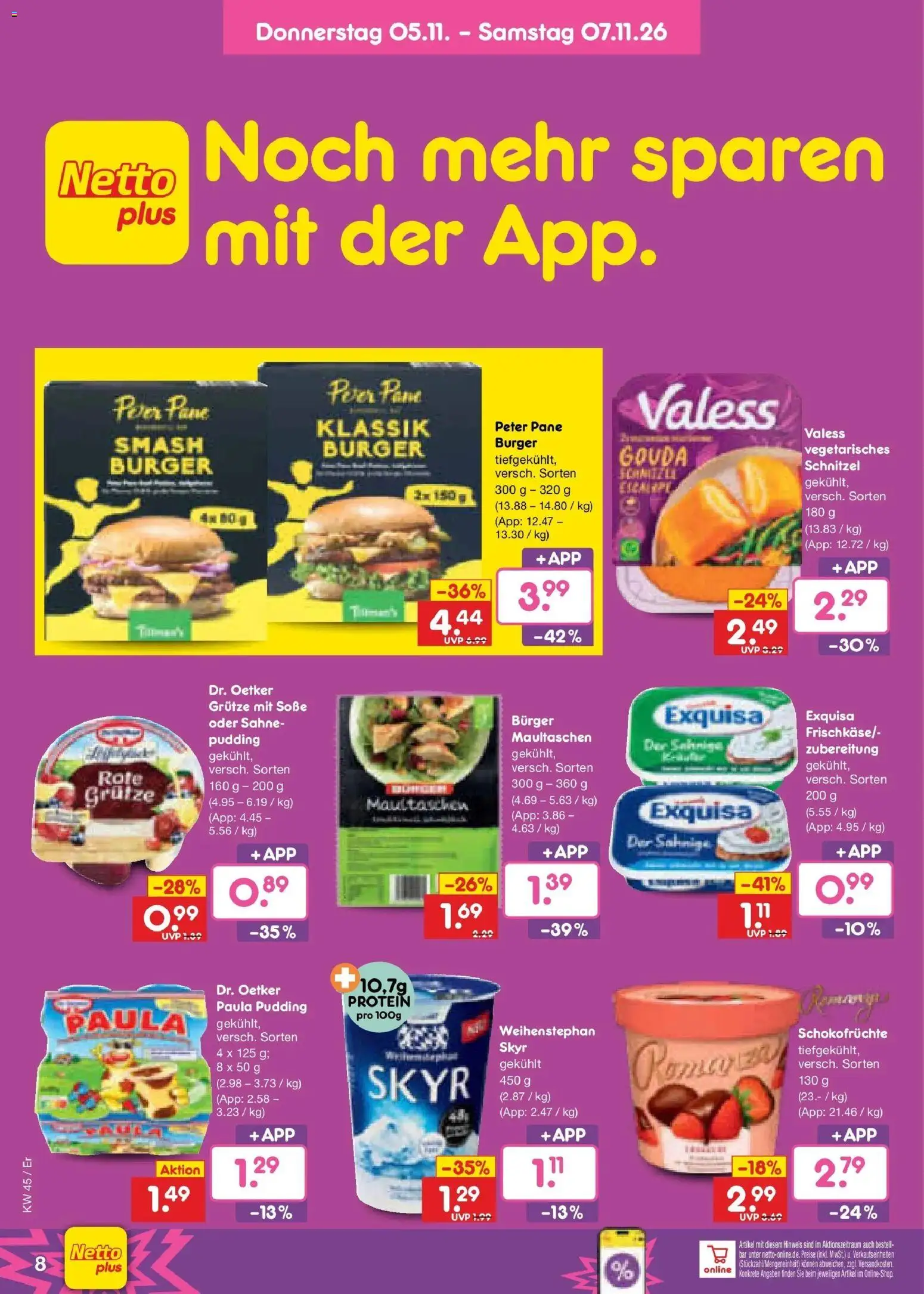 Netto Marken-Discount Prospekt Weimar (ab 02.11.2026) » Angebote | Seite: 55 | Produkte: Gouda, Burger, Pudding, Exquisa