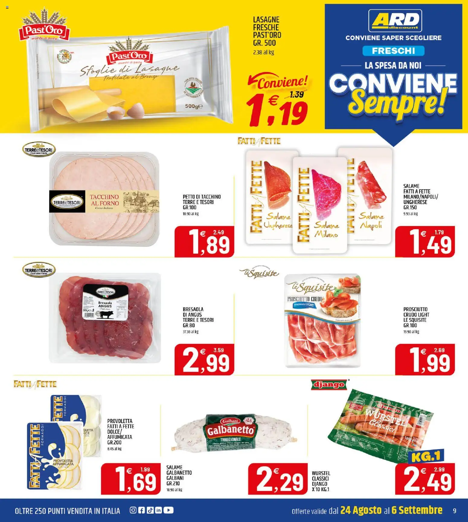 Volantino ARD Discount del 24/08/2026 | Pagina: 9 | Prodotti: Bresaola, Pasta, Carne, Lasagne