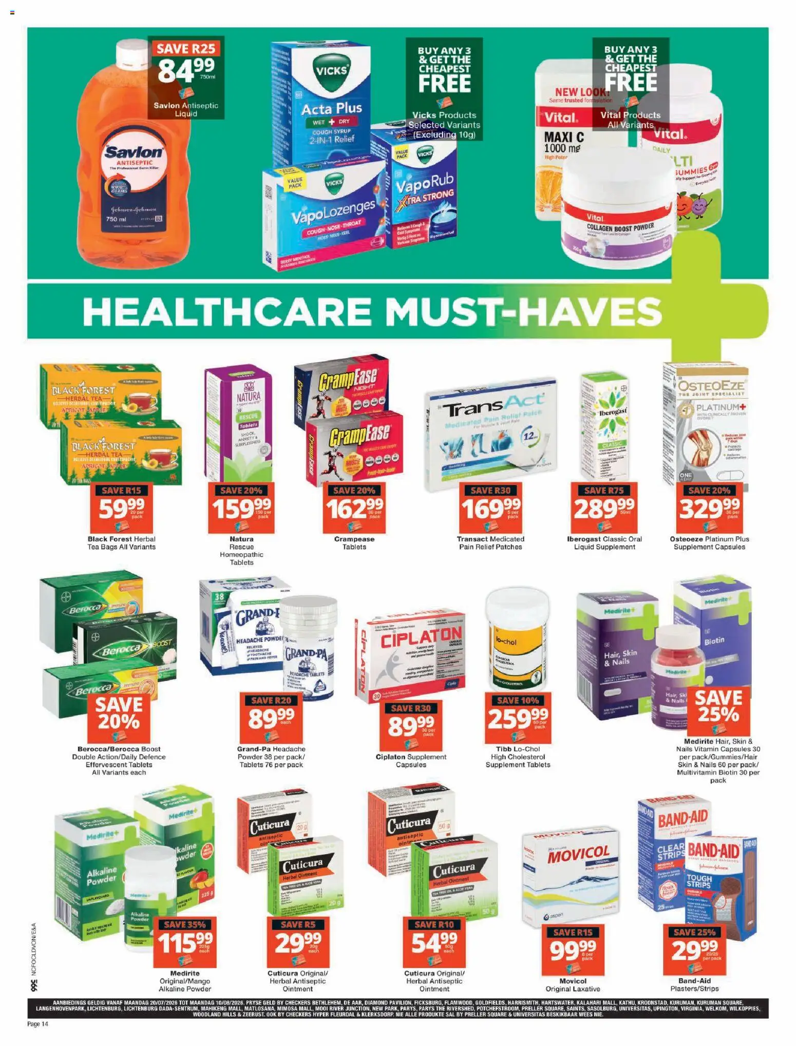 New Checkers catalogue – valid from 20/07/2026 | Page: 14 | Products: Antiseptic liquid, Powder, Tea, Syrup
