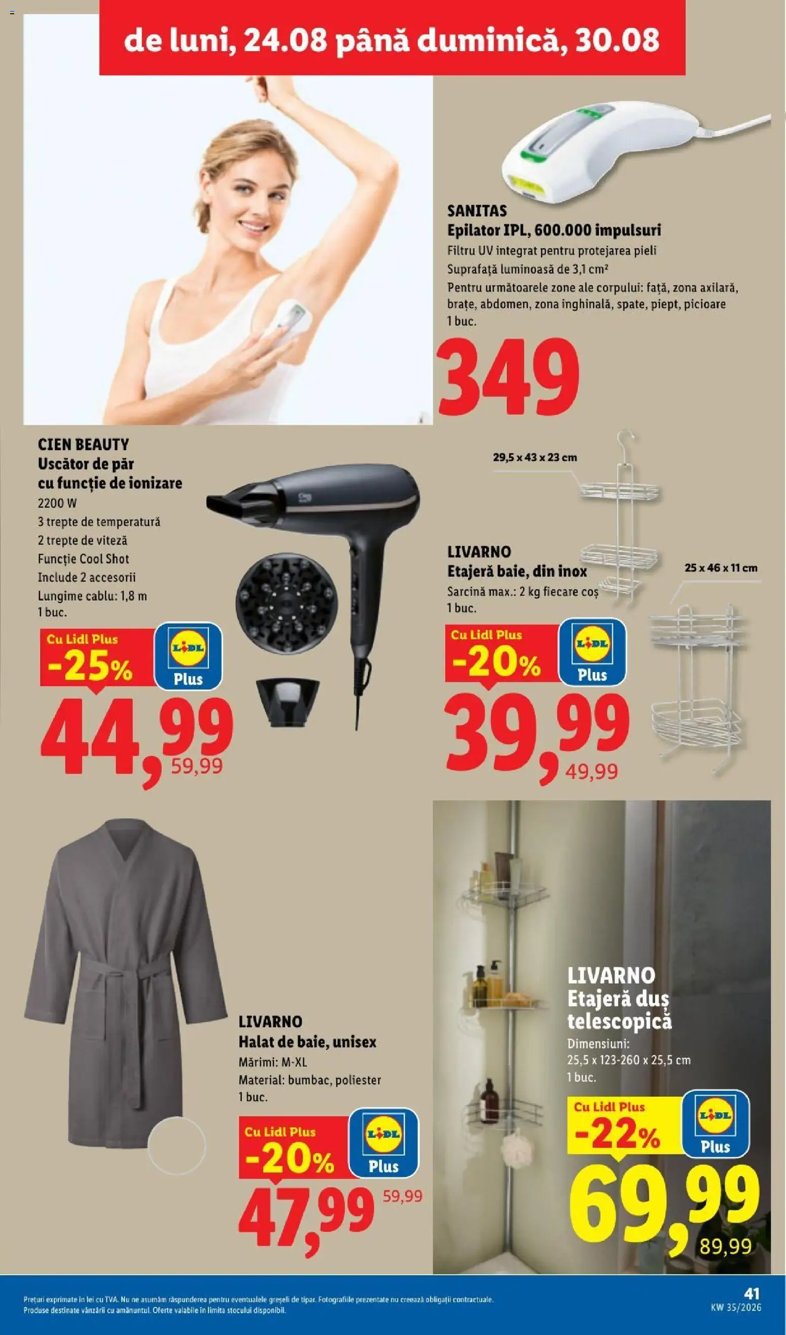 Noul catalog Lidl – valabil de la 24.08.2026 | Pagină: 41 | Produse: Epilator, Uscător De Păr, Etajeră, Sport
