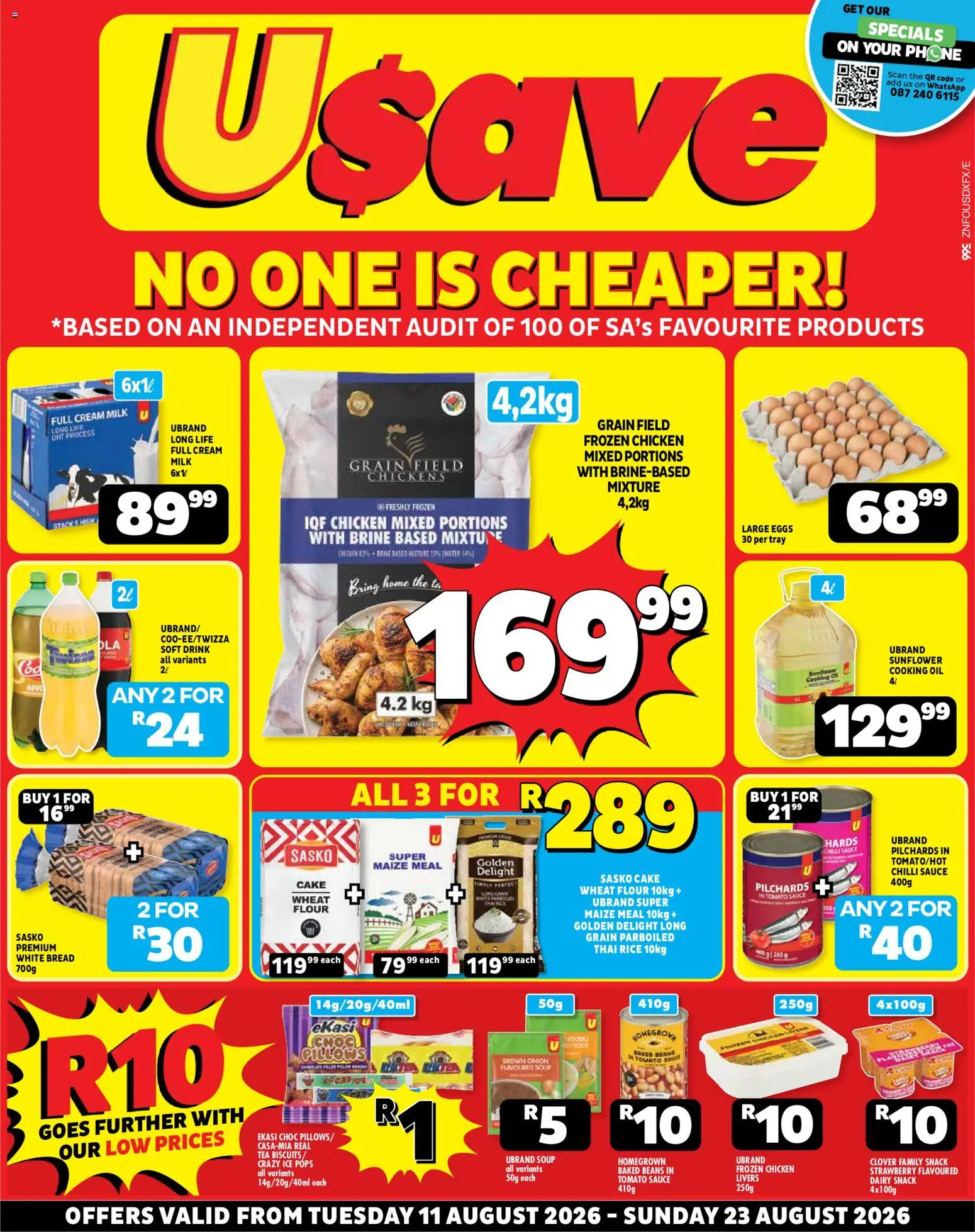 New Usave catalogue – valid from 11/08/2026 | Page: 1 | Products: Cake, Frozen chicken, Milk, Chilli