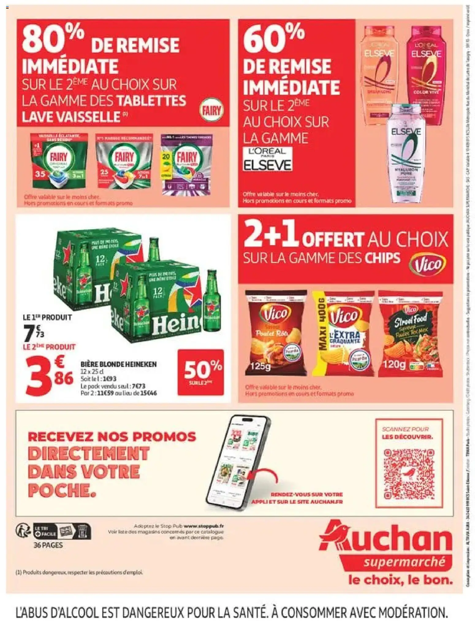 {H1} | Page: 36 | Produits: Bière blonde, Fairy, Bière blonde Heineken, Chips