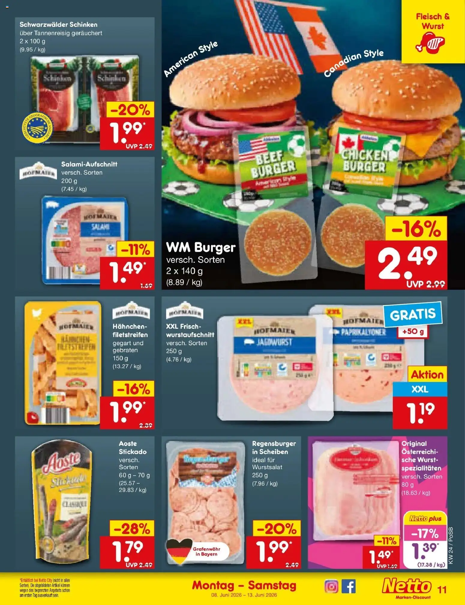 Netto Marken-Discount Prospekt Regensburg – gültig ab 08.06.2026 | Seite: 17 | Produkte: Hahnchen, Burger, Wurst, Salami