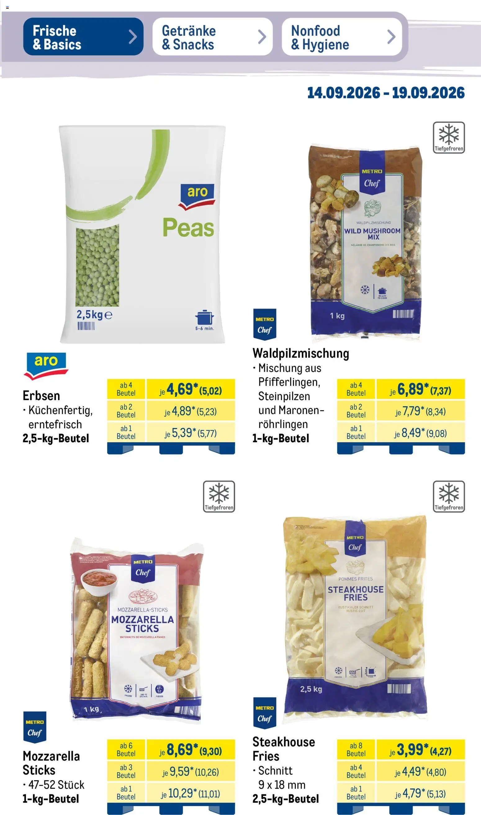 Metro Prospekt – gültig ab 14.09.2026 | Seite: 17 | Produkte: Pommes, Pommes frites, Champignons, Erbsen