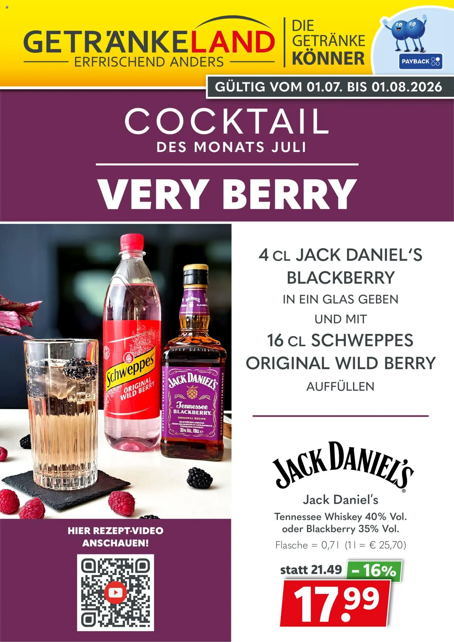 Getränkeland Cocktail – gültig ab 01.07.2026 | Seite: 1 | Produkte: Jack Daniel's, Schweppes, Whiskey