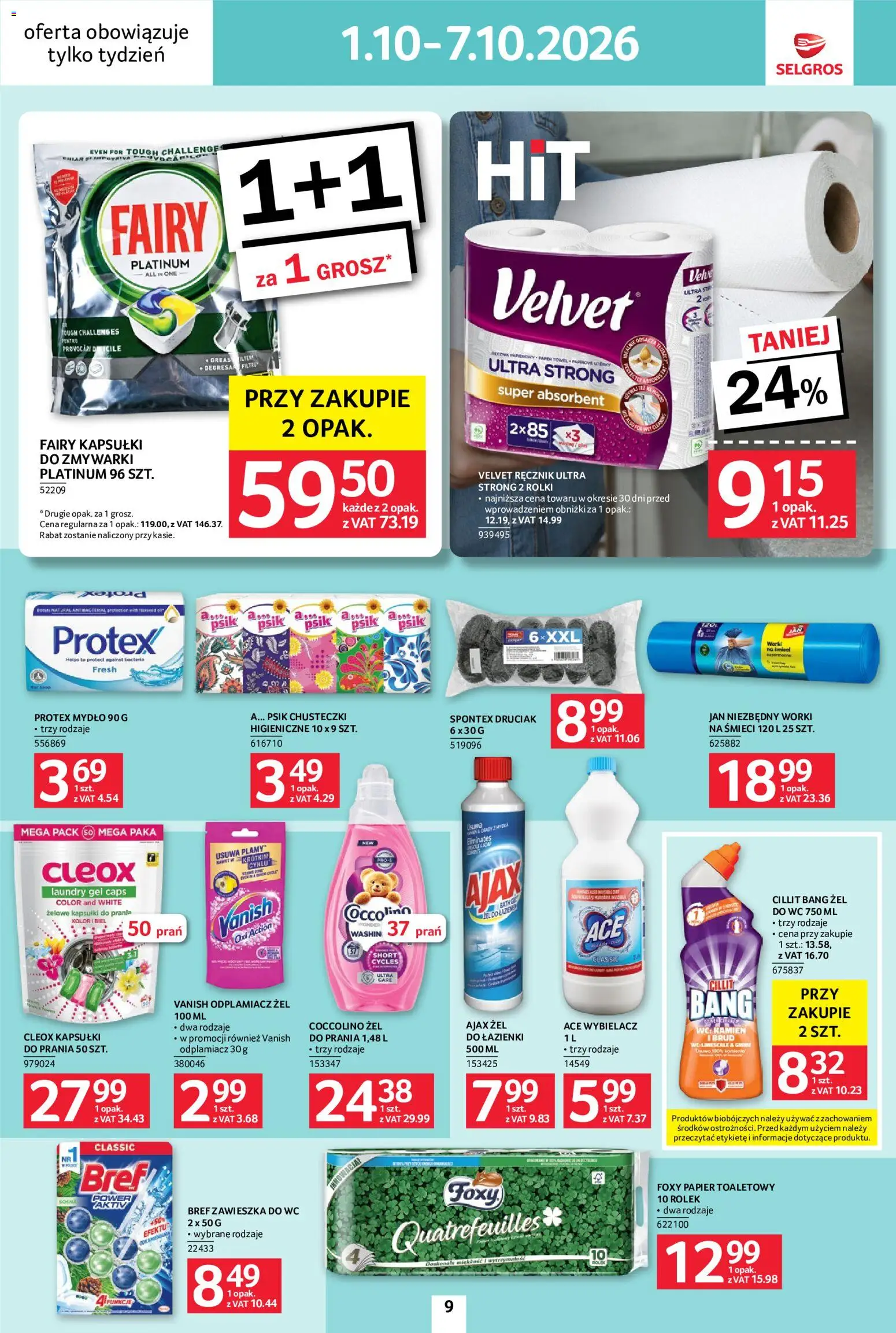 Selgros cash&carry gazetka - Jeszcze więcej super promocji od 01.10.2026 | Strona: 9 | Produkty: Chusteczki, Papier toaletowy, Kapsułki do prania, Mydło
