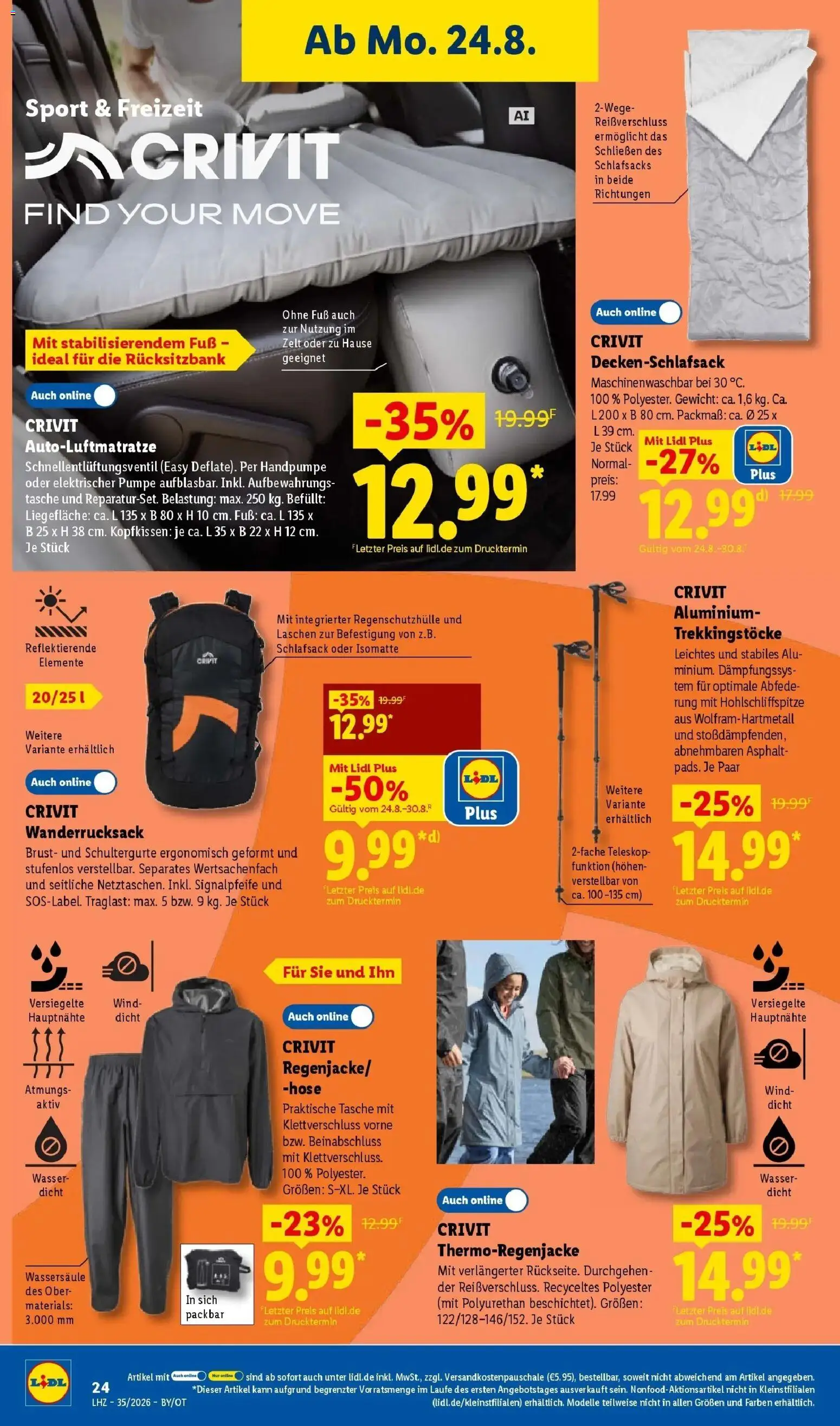 Lidl Prospekt Malchow (ab 24.08.2026) zum Blättern » Angebote | Seite: 46 | Produkte: Schlafsack, Wanderrucksack, Wasser, Hose