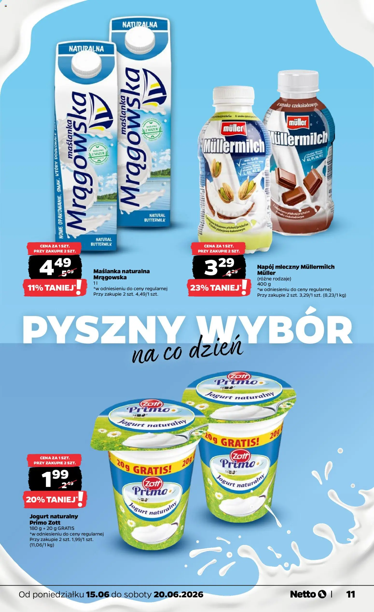 Netto gazetka od poniedziałku spożywcza od 15.06.2026 | Strona: 11 | Produkty: Maślanka, Jogurt naturalny, Jogurt