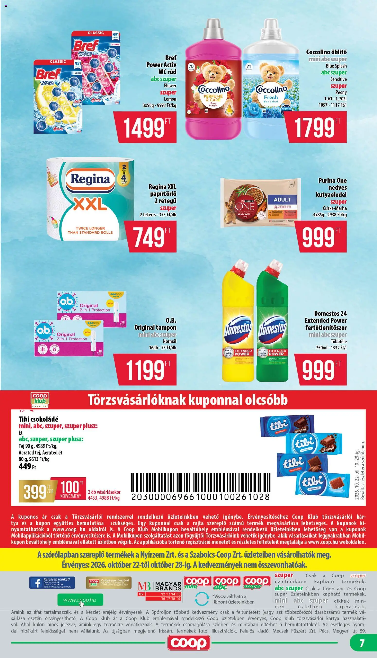 COOP akciós ujság - amely érvényes a következő dátumtól: 2026.10.22. | Oldal: 7 | Termékek: Coccolino, Öblítő, WC, Purina