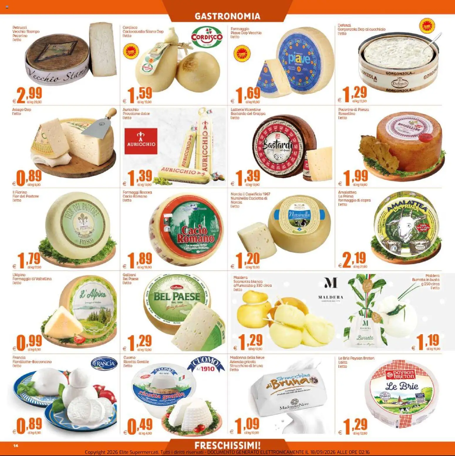 Volantino Elite Supermercati del 18/09/2026 | Pagina: 14 | Prodotti: Provolone, Formaggio, Formaggio di capra, Pecorino
